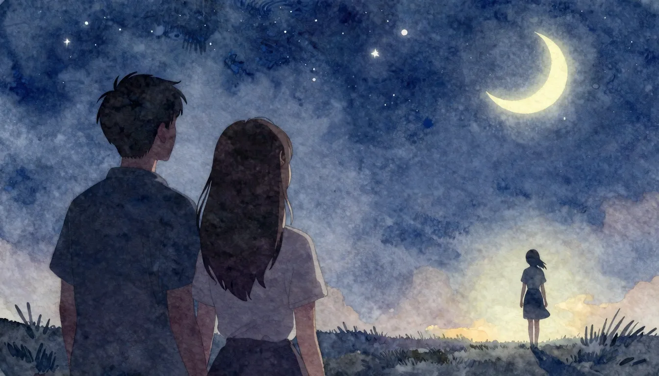 Watercolor style. A silhouette of a man and a woman standing...
