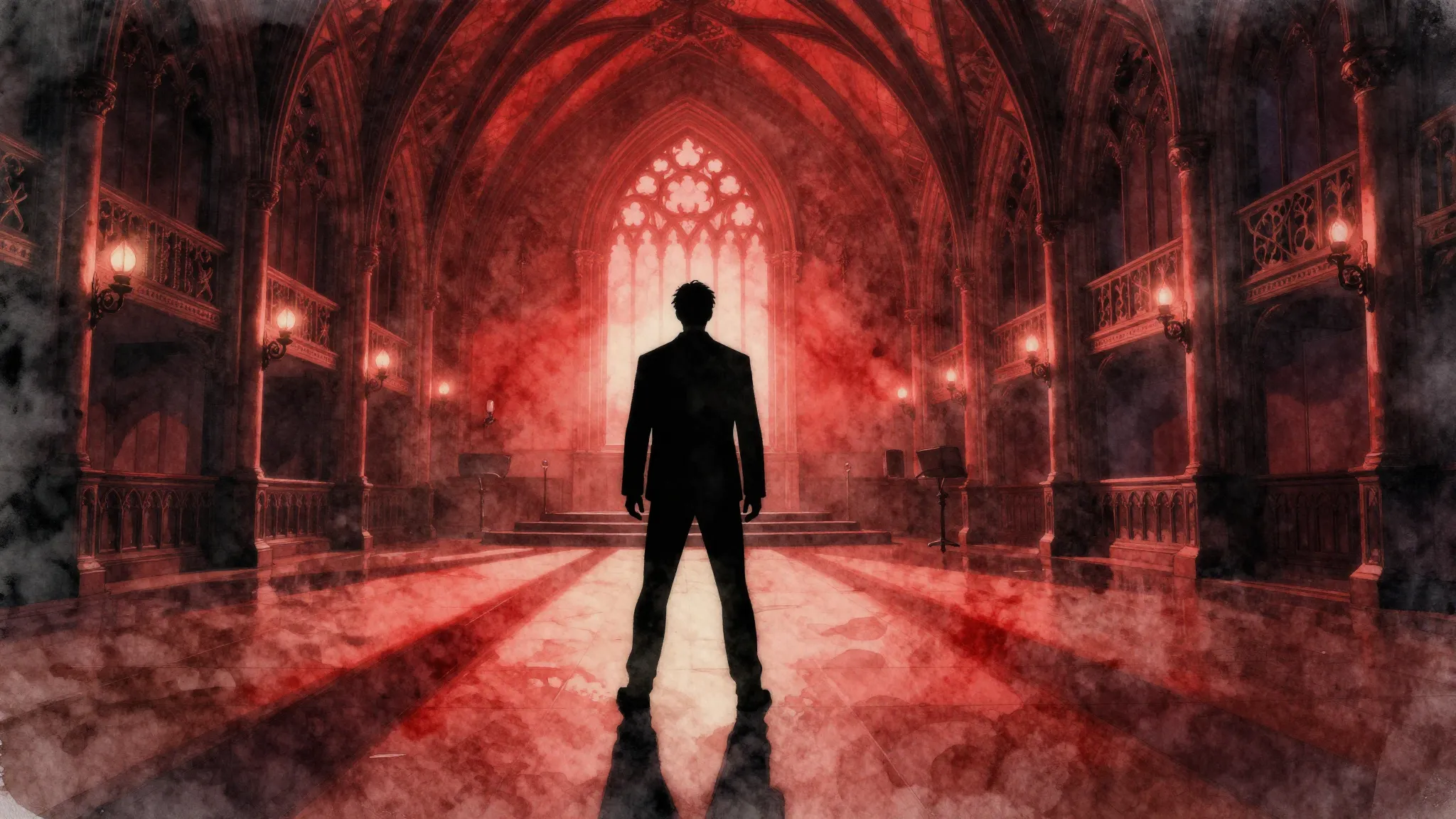 Watercolor style. A dark silhouette of a man standing in a g...