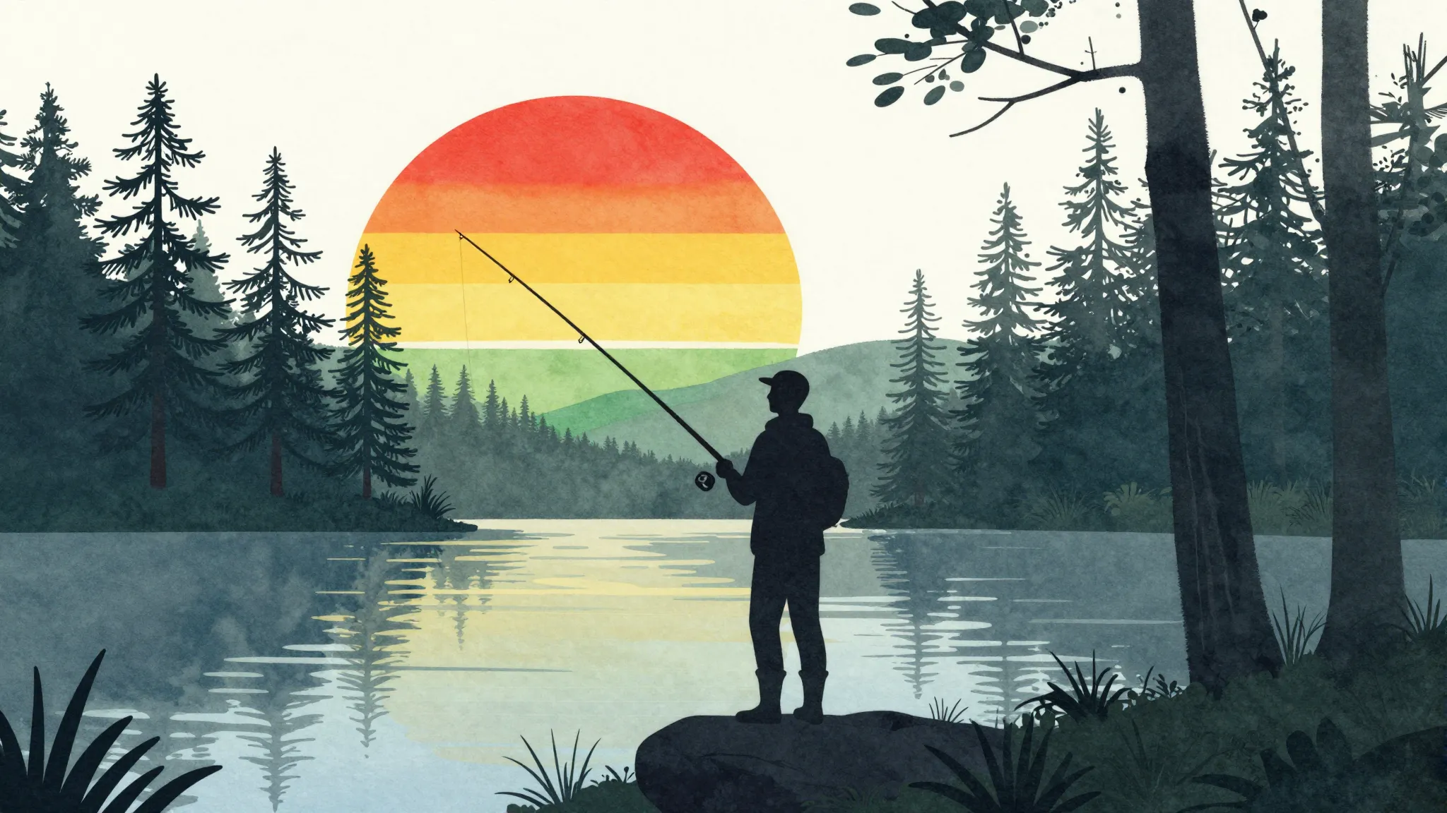 Watercolor style. Silhouette of a person with a fishing rod ...