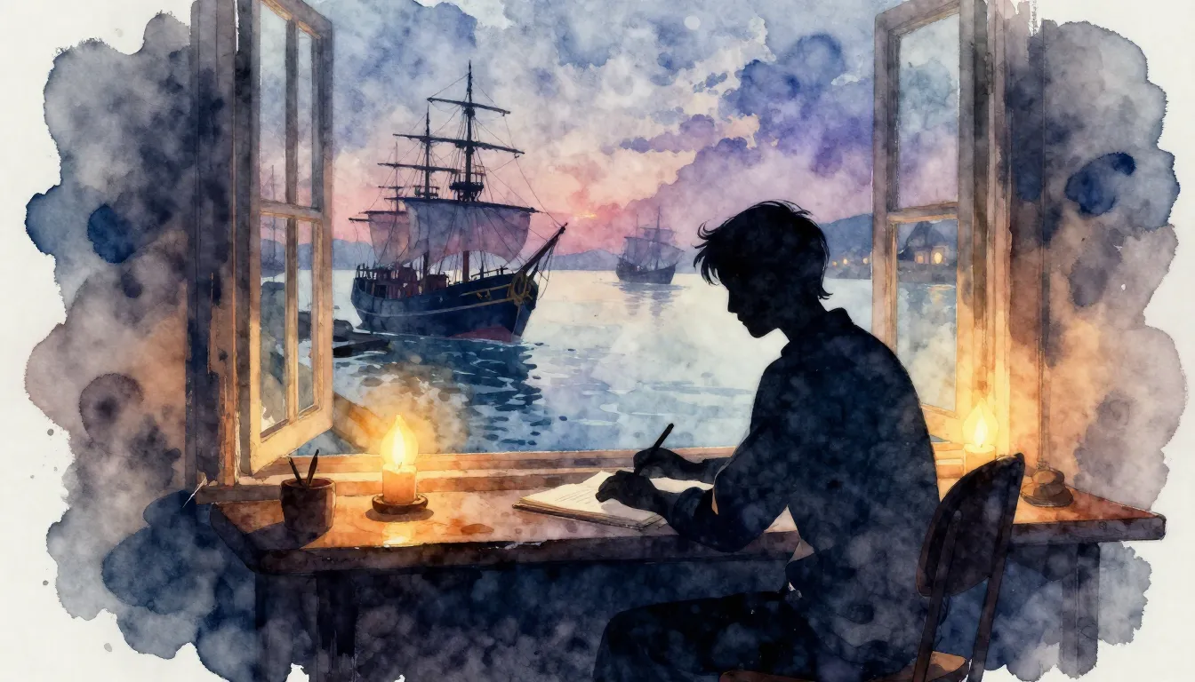 Watercolor style. A silhouette of a writer at a desk by a wi...