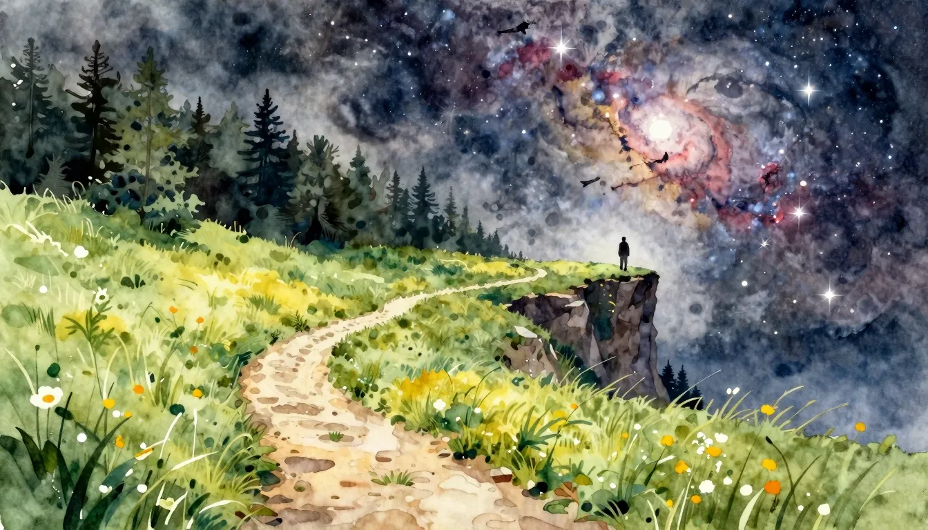 Watercolor style. A winding path starting in a vibrant, sunl...