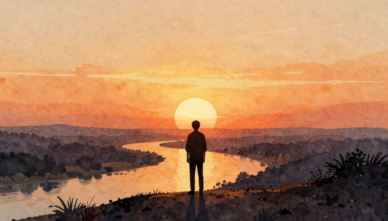 Watercolor style. Silhouette of a person standing on a hill ...