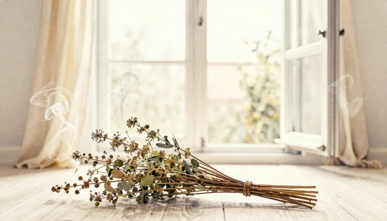 Watercolor style. A bundle of dried herbs with thin wisps of...