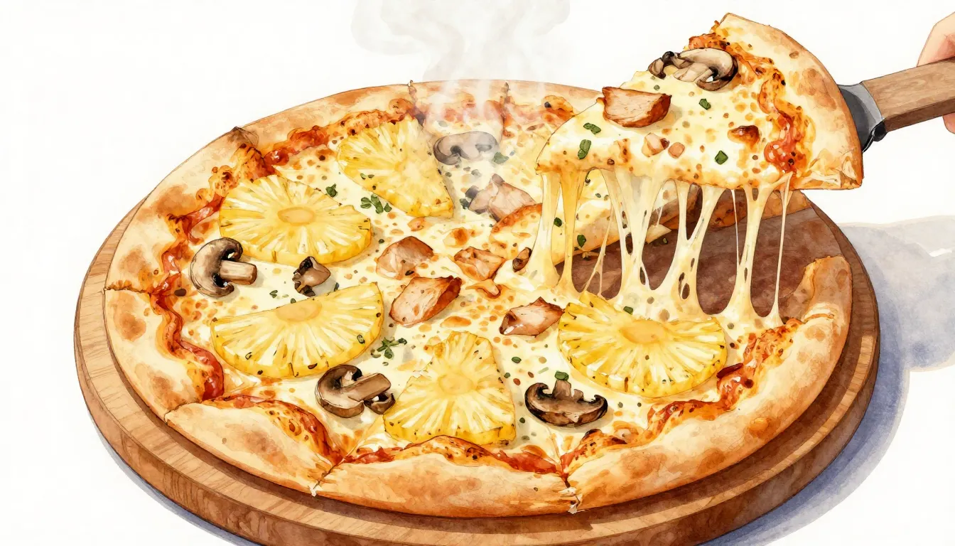 Watercolor style. Top view of a fresh Hawaiian pizza on a wo...