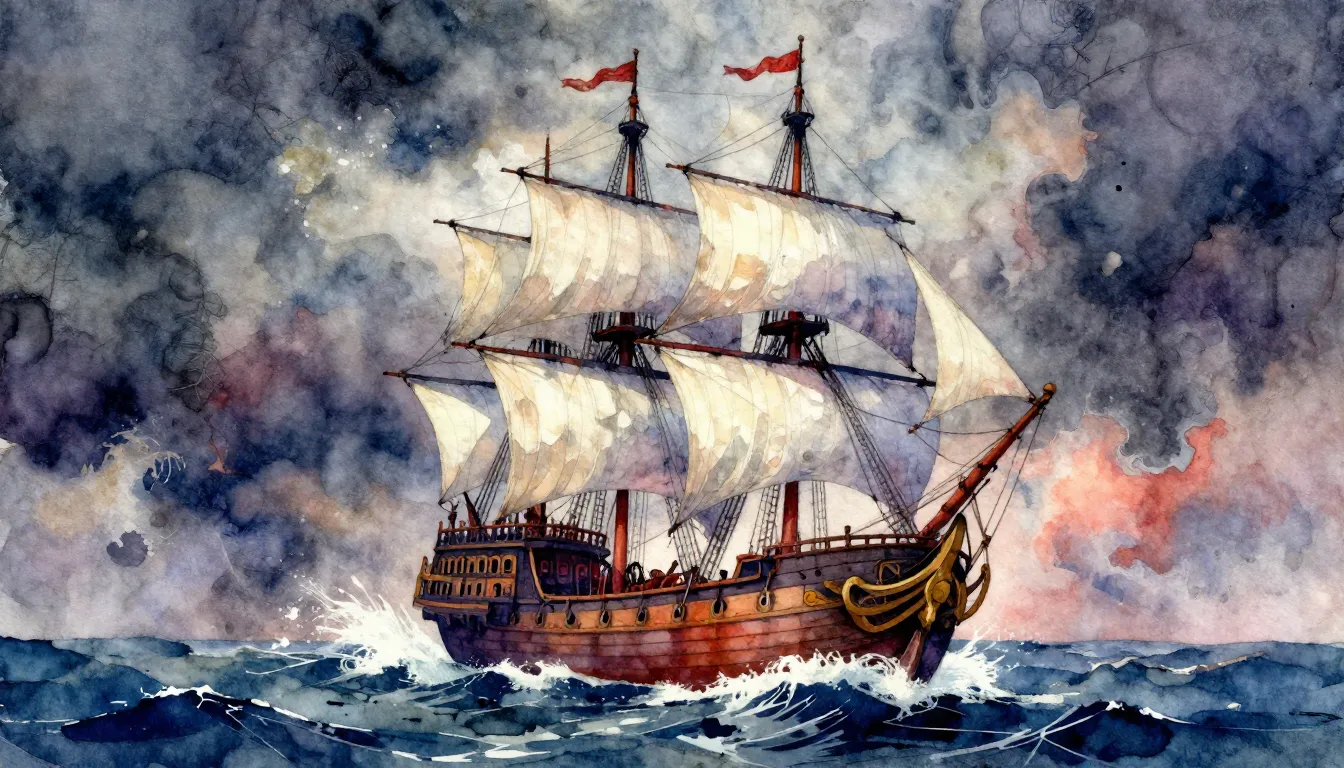 Vibrant watercolor style. Flying Dutchman ghost ship, stormy...