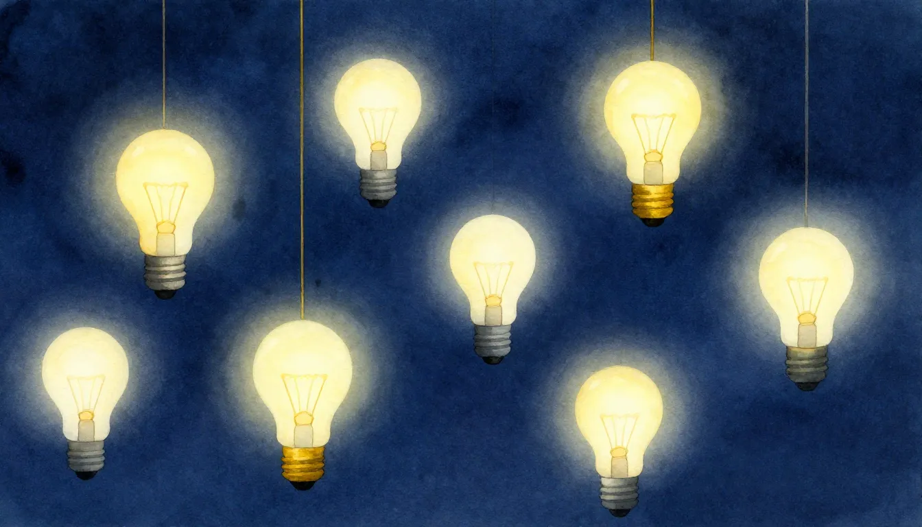 Watercolor style. Multiple stylized glowing light bulbs floa...