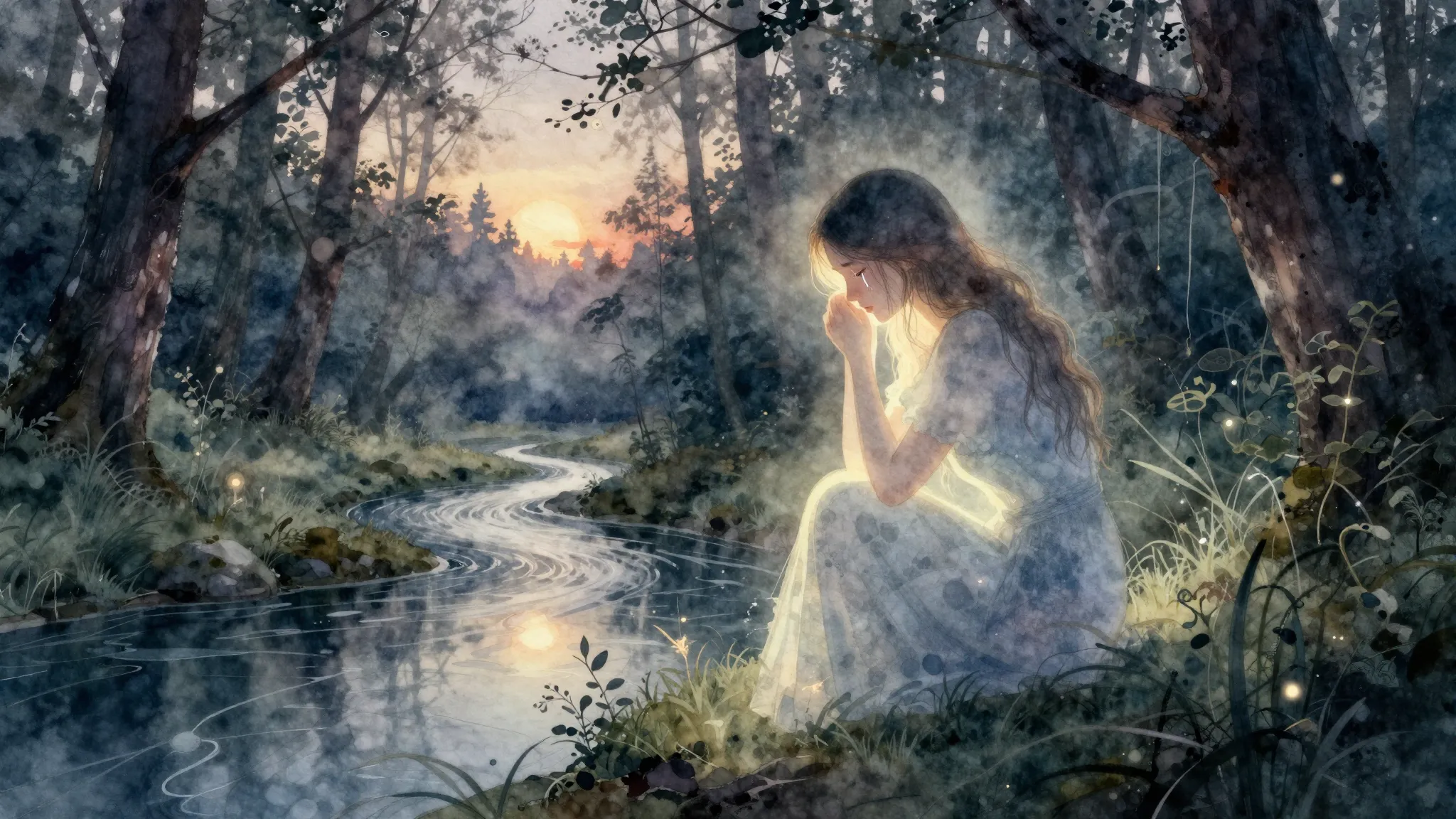 Watercolor style. A mystical forest at twilight, a gentle gl...