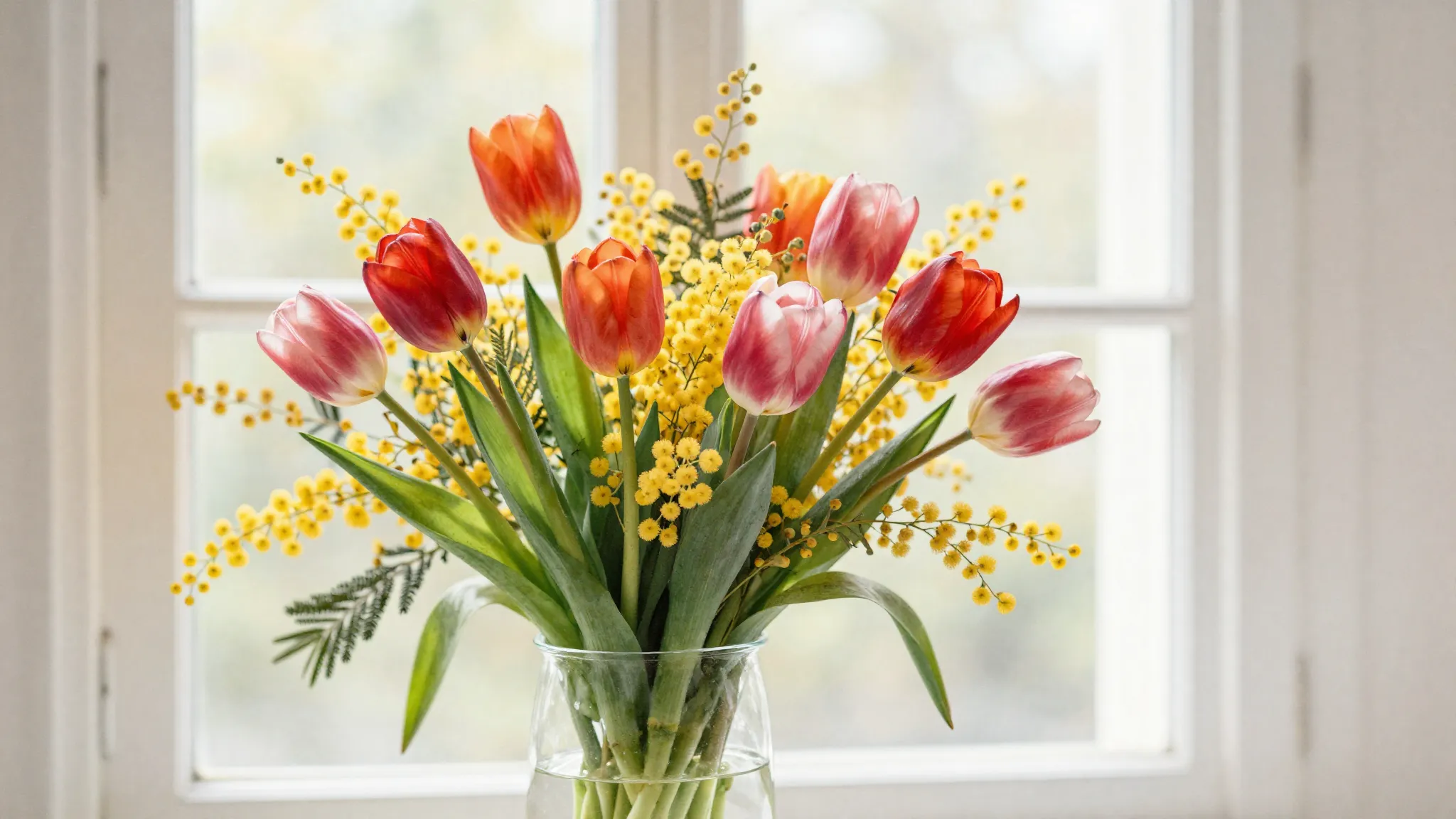 Watercolor style. A vibrant spring bouquet of tulips and mim...