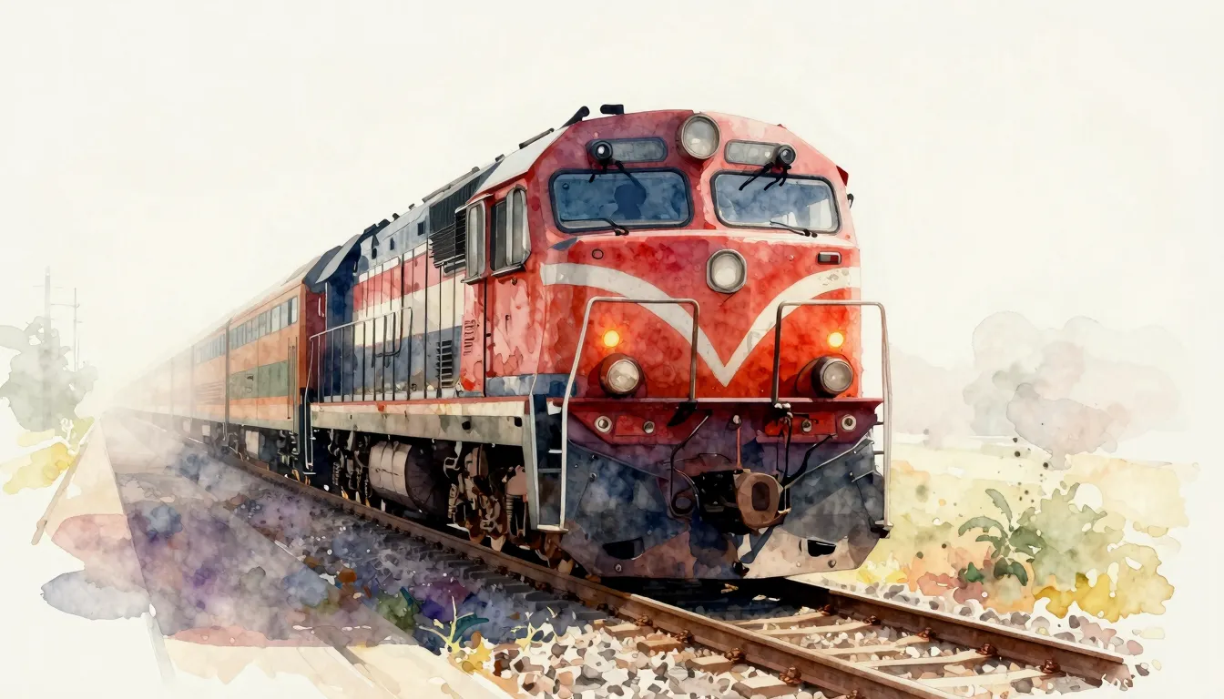 Vibrant watercolor style. A train on rails, a silhouette of ...