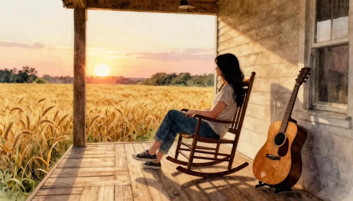 Watercolor style. A cozy wooden porch at sunset, a silhouett...