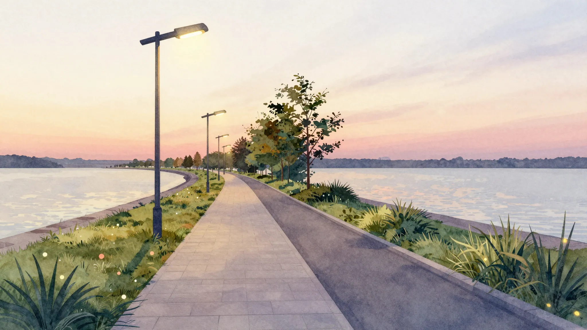Watercolor style. Scenic view of a new urban embankment with...