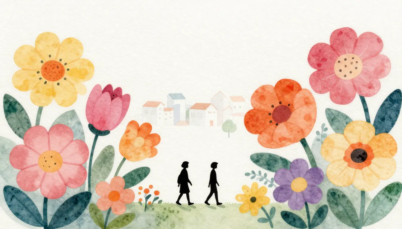 Watercolor style. Silhouettes of tiny figures walking among ...