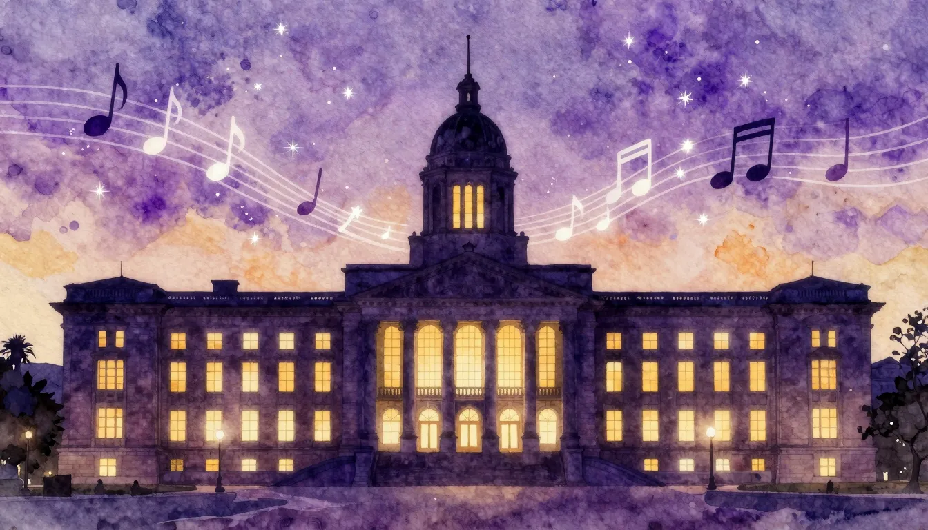Watercolor style. A silhouette of a classic cultural center ...
