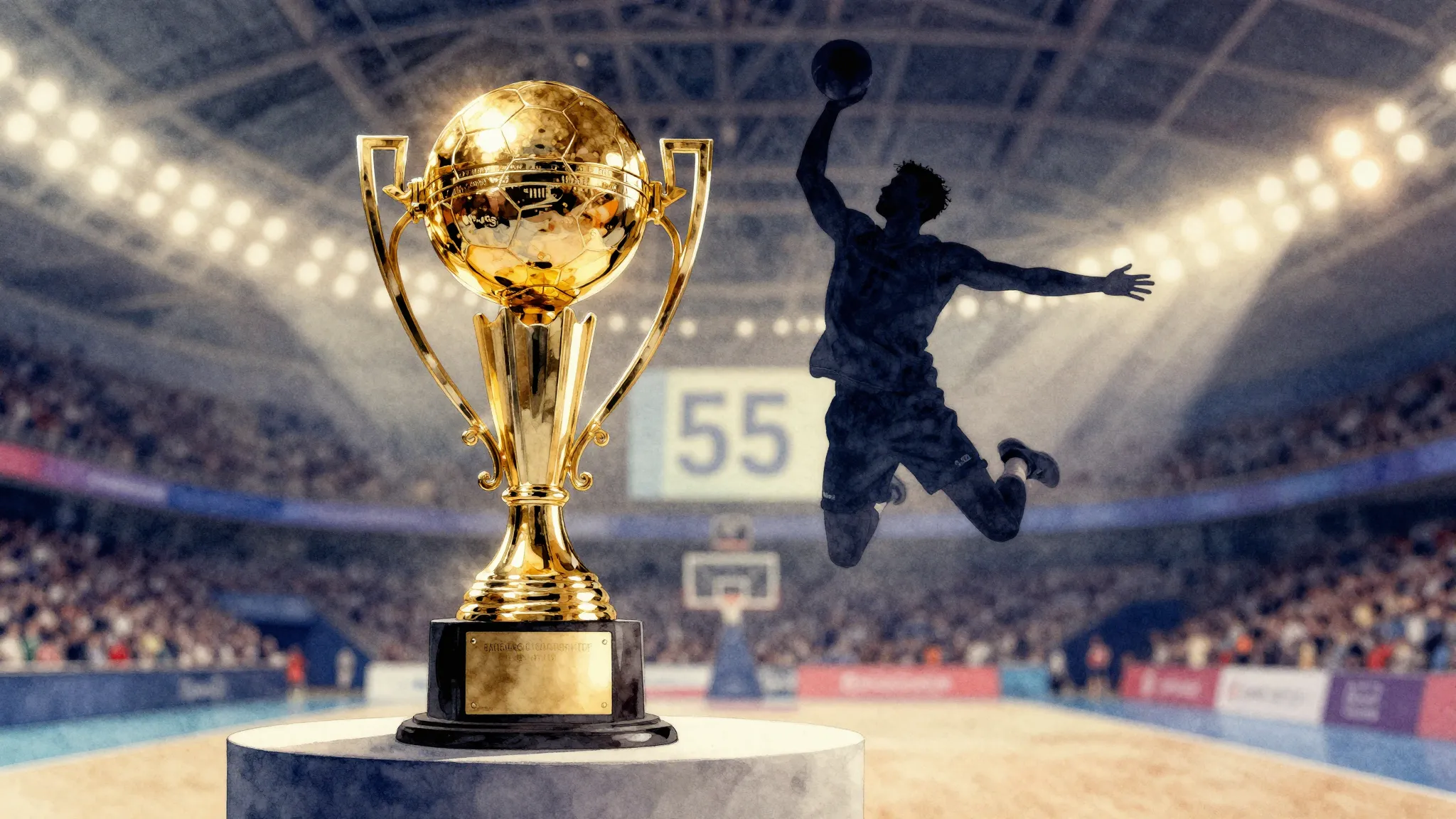 Watercolor style. A golden handball trophy on a pedestal, si...