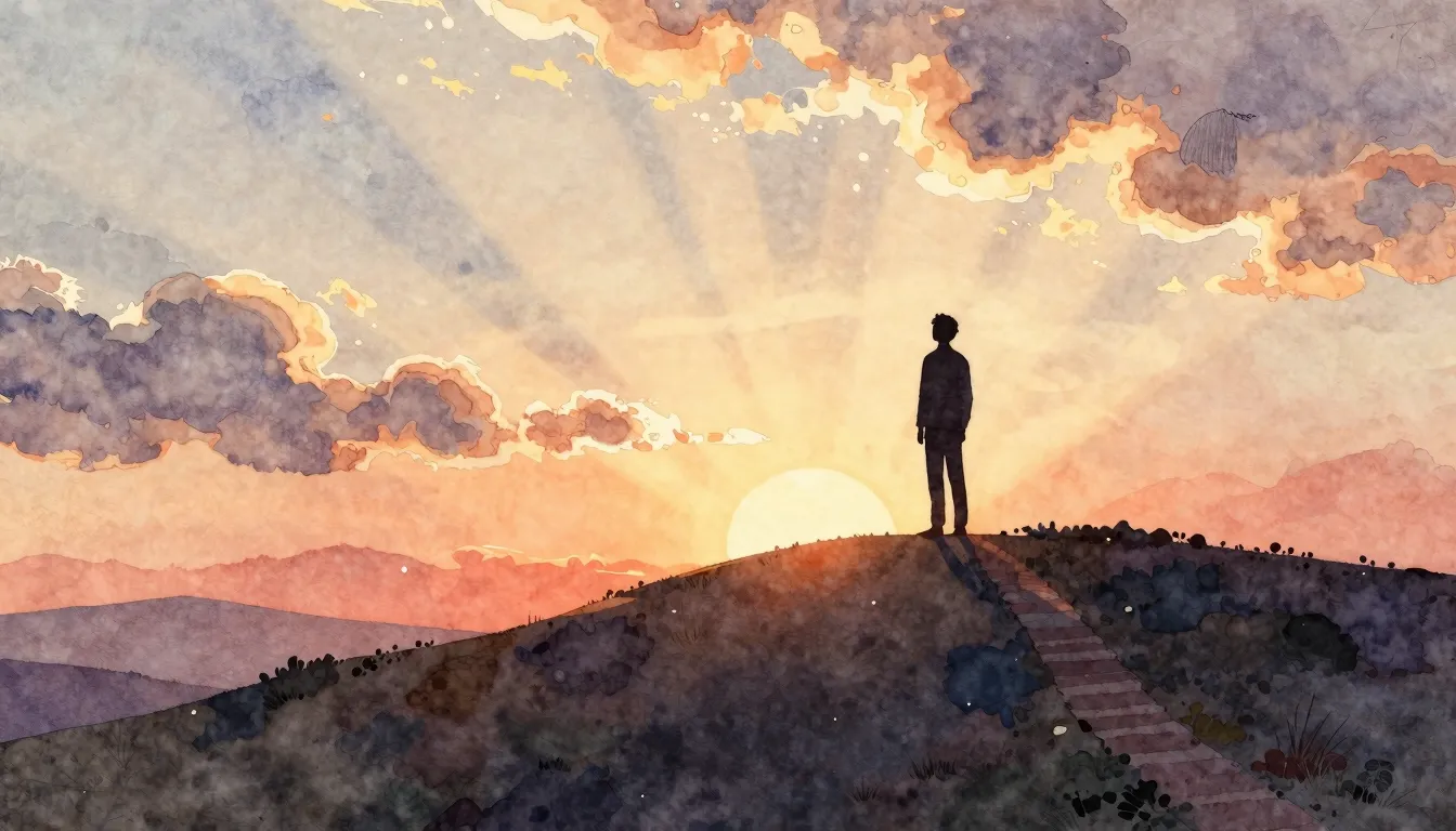 Watercolor style. A silhouette of a person on a hill watchin...