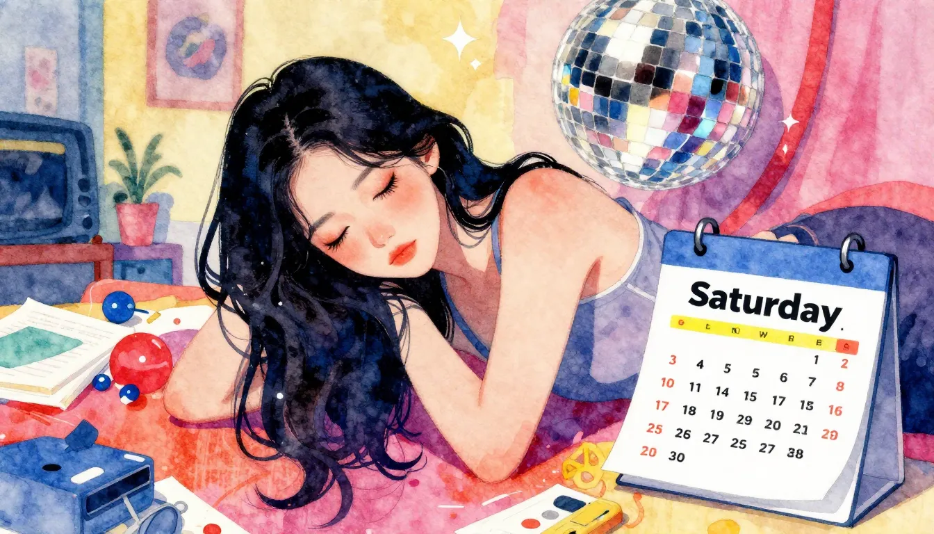 Vibrant watercolor style. K-Pop album cover: exhausted woman...