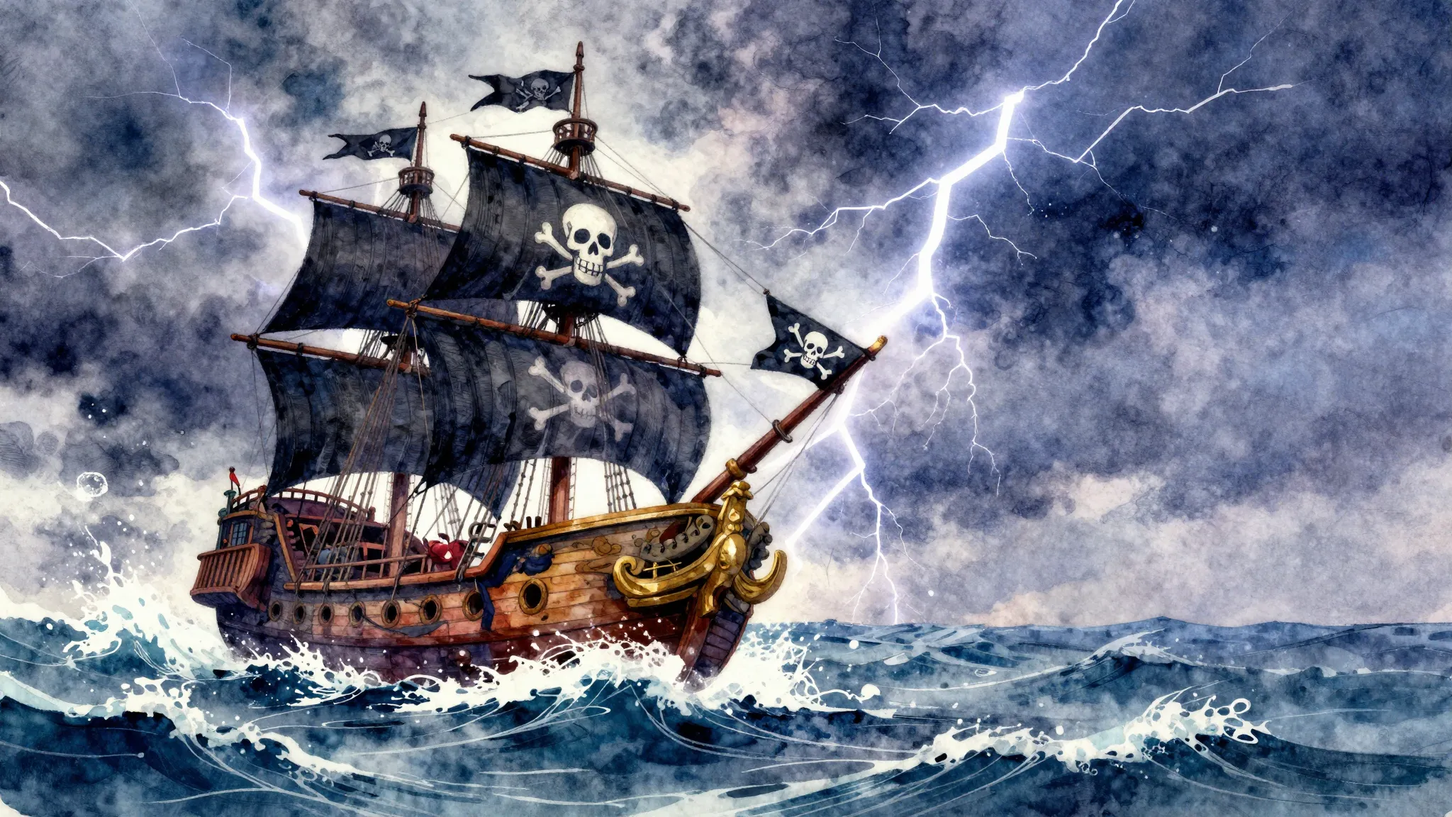 Vibrant watercolor style. Rock album cover: A pirate ship wi...