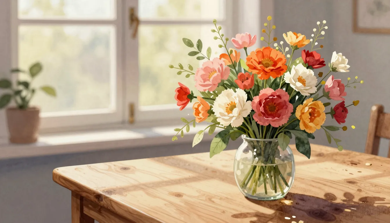 Watercolor style. A beautiful bouquet of bright flowers on a...