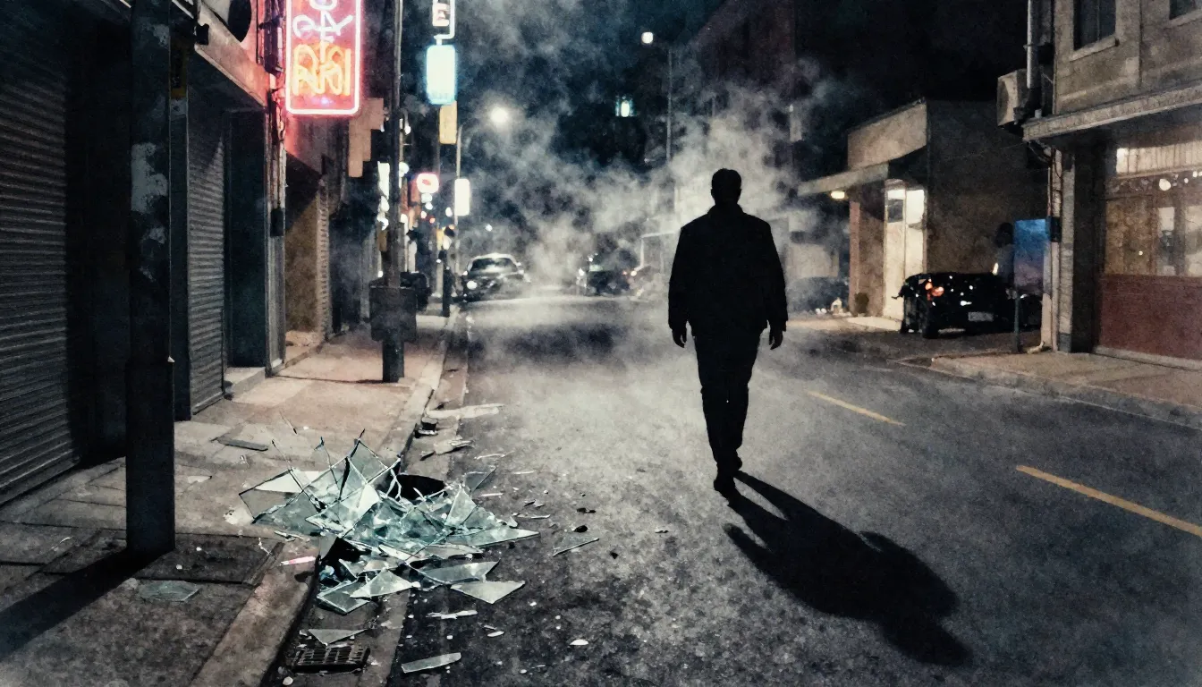 Watercolor style. Dark urban street at night, neon lights, b...