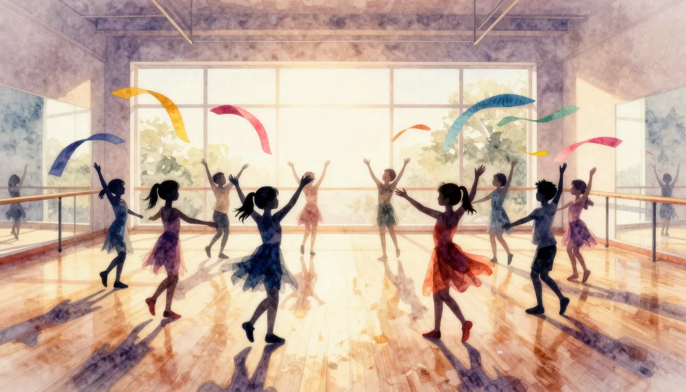 Watercolor style. A bright dance studio with wooden floors, ...