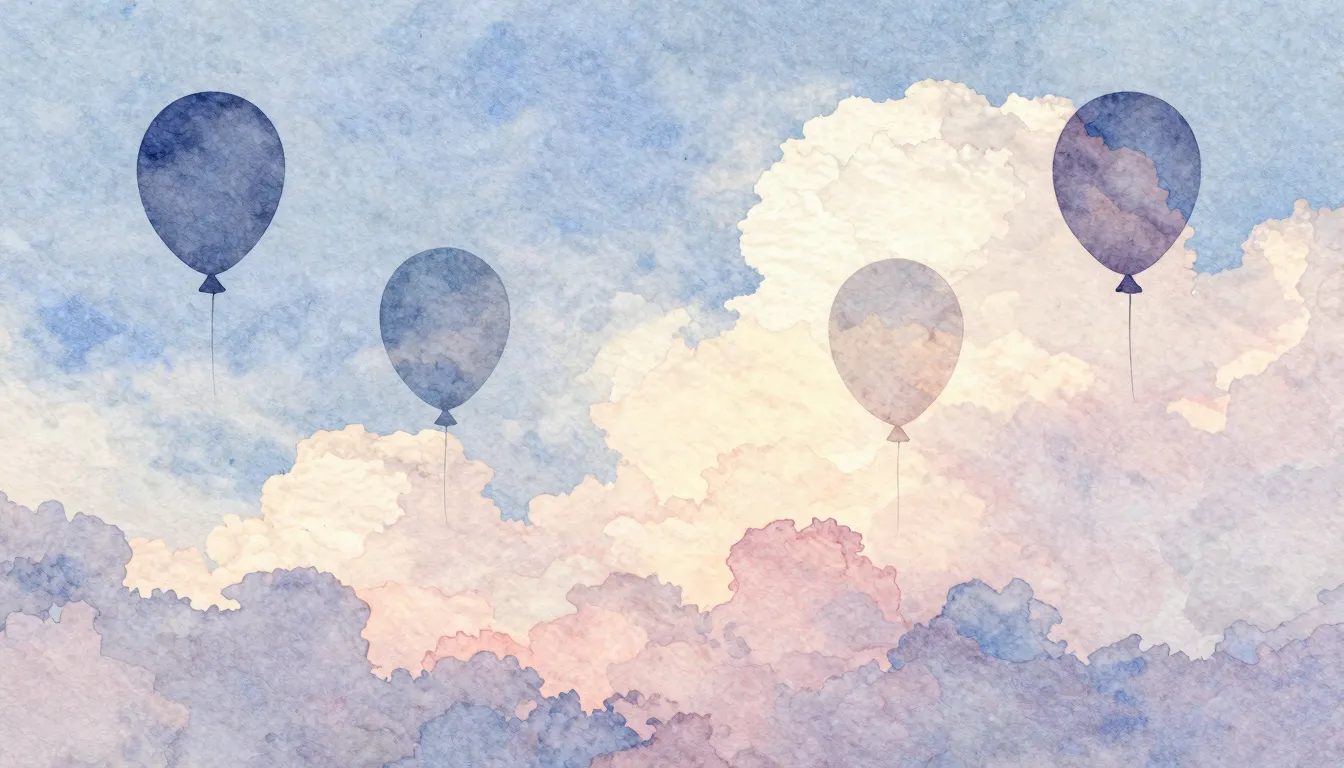 Watercolor style. Silhouettes of flying balloons in the sky,...
