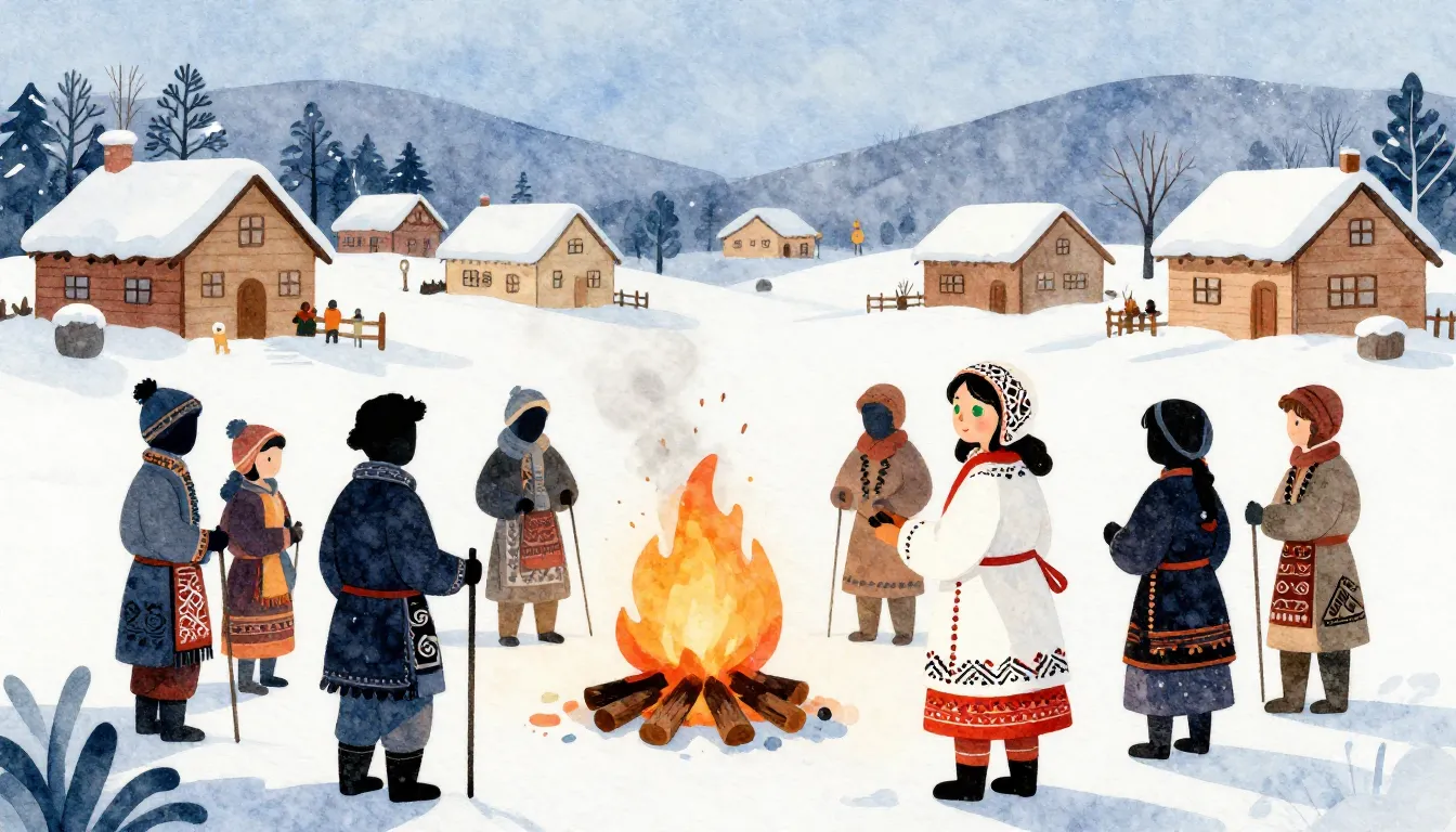 Watercolor style. Folk festival in winter, silhouettes of pe...