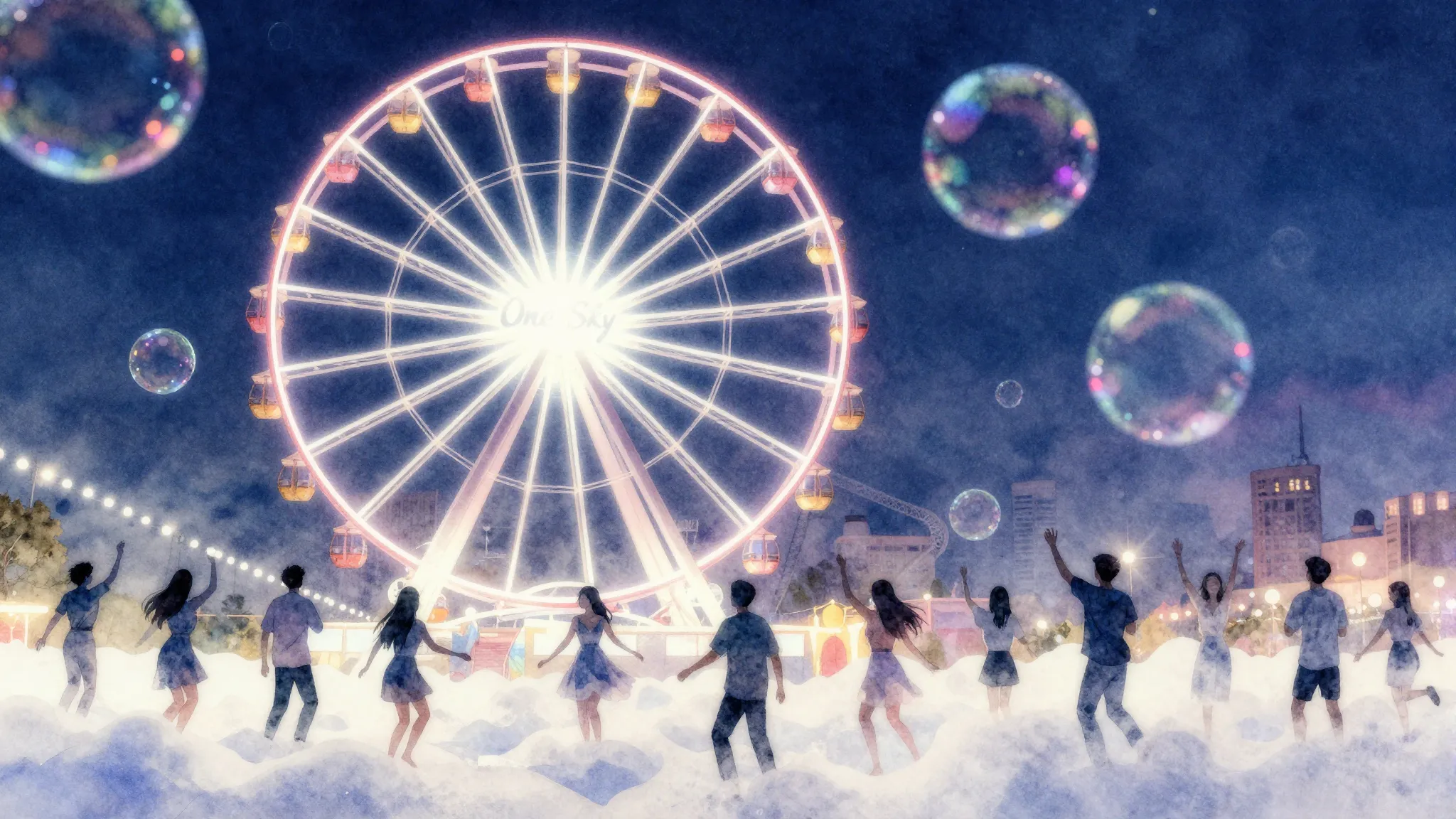 Watercolor style. A giant glowing Ferris wheel named 'One Sk...