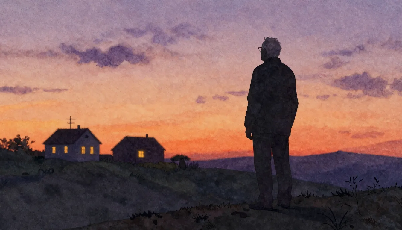 Watercolor style. An elderly man's silhouette stands on a hi...