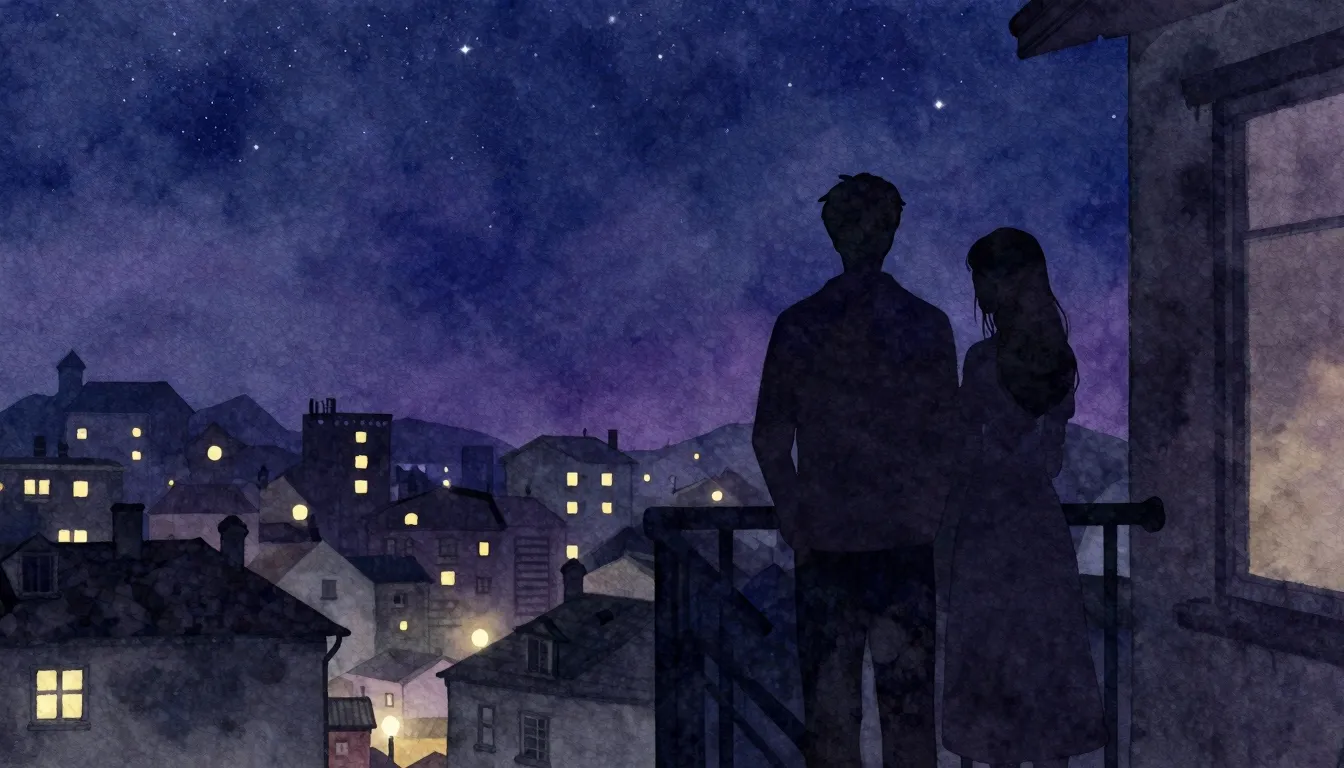 Watercolor style. A silhouette of a couple standing on a bal...
