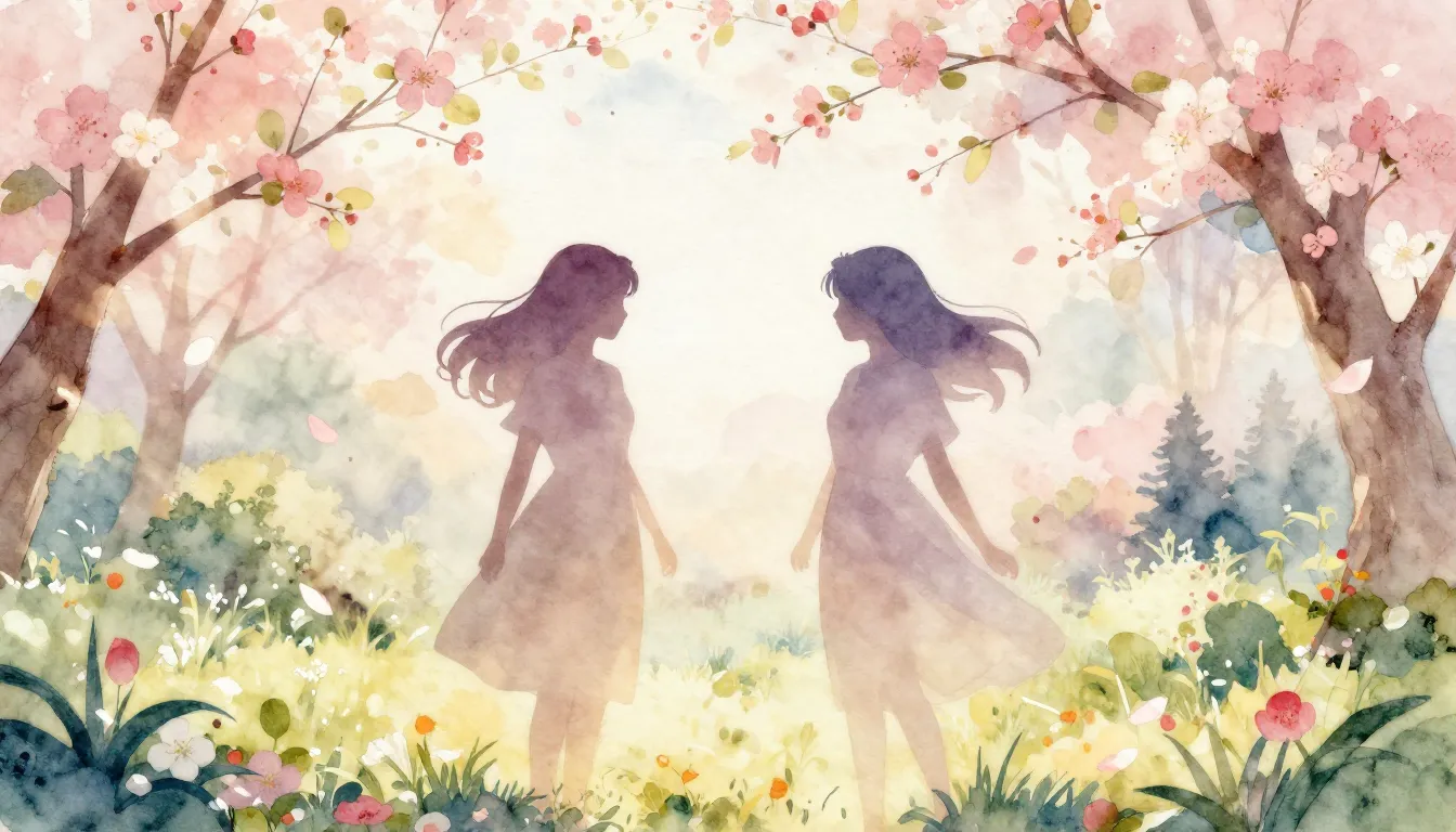 Watercolor style. Silhouettes of two women standing in a blo...