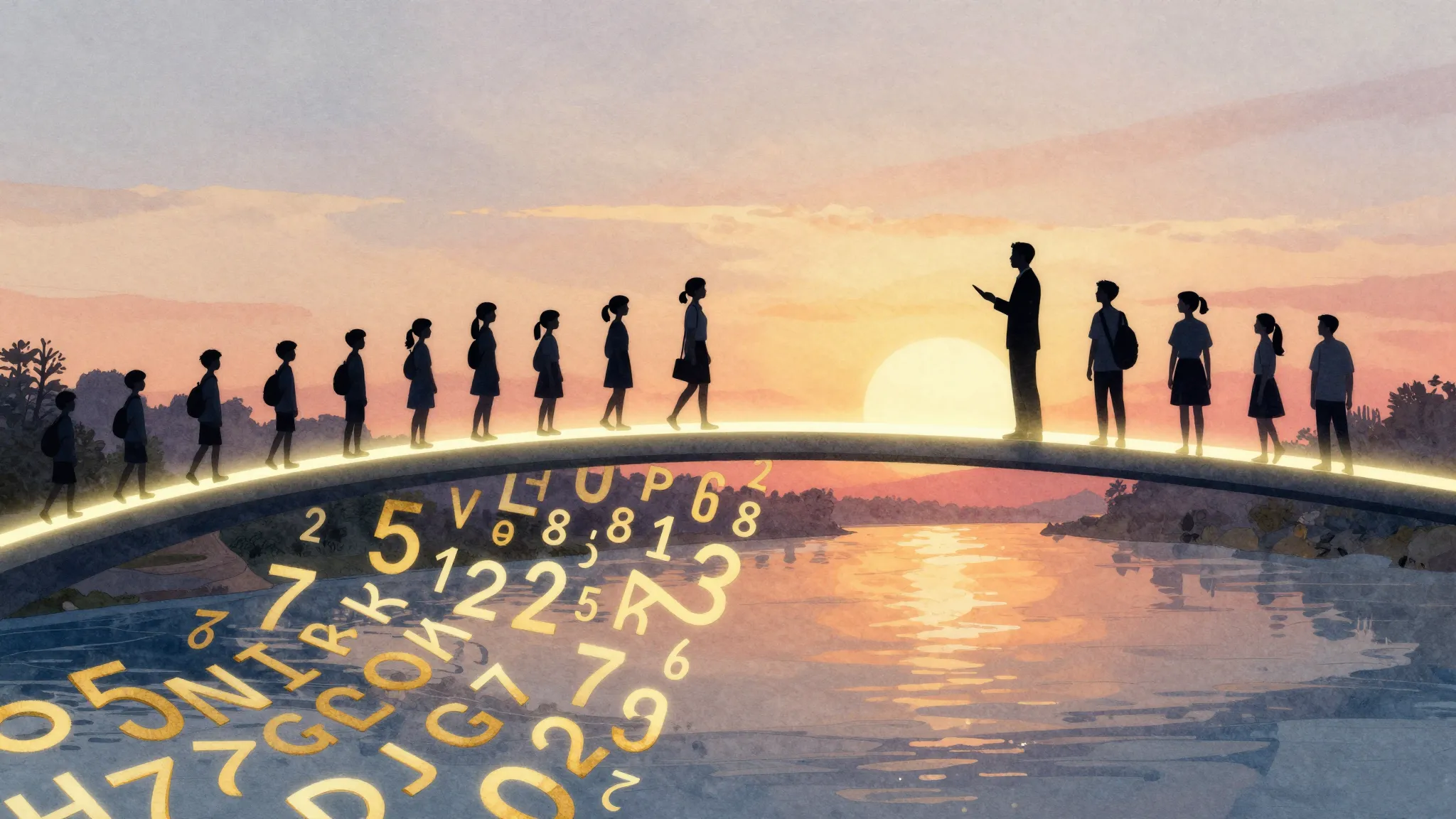 Watercolor style. A silhouette of a teacher and students sta...