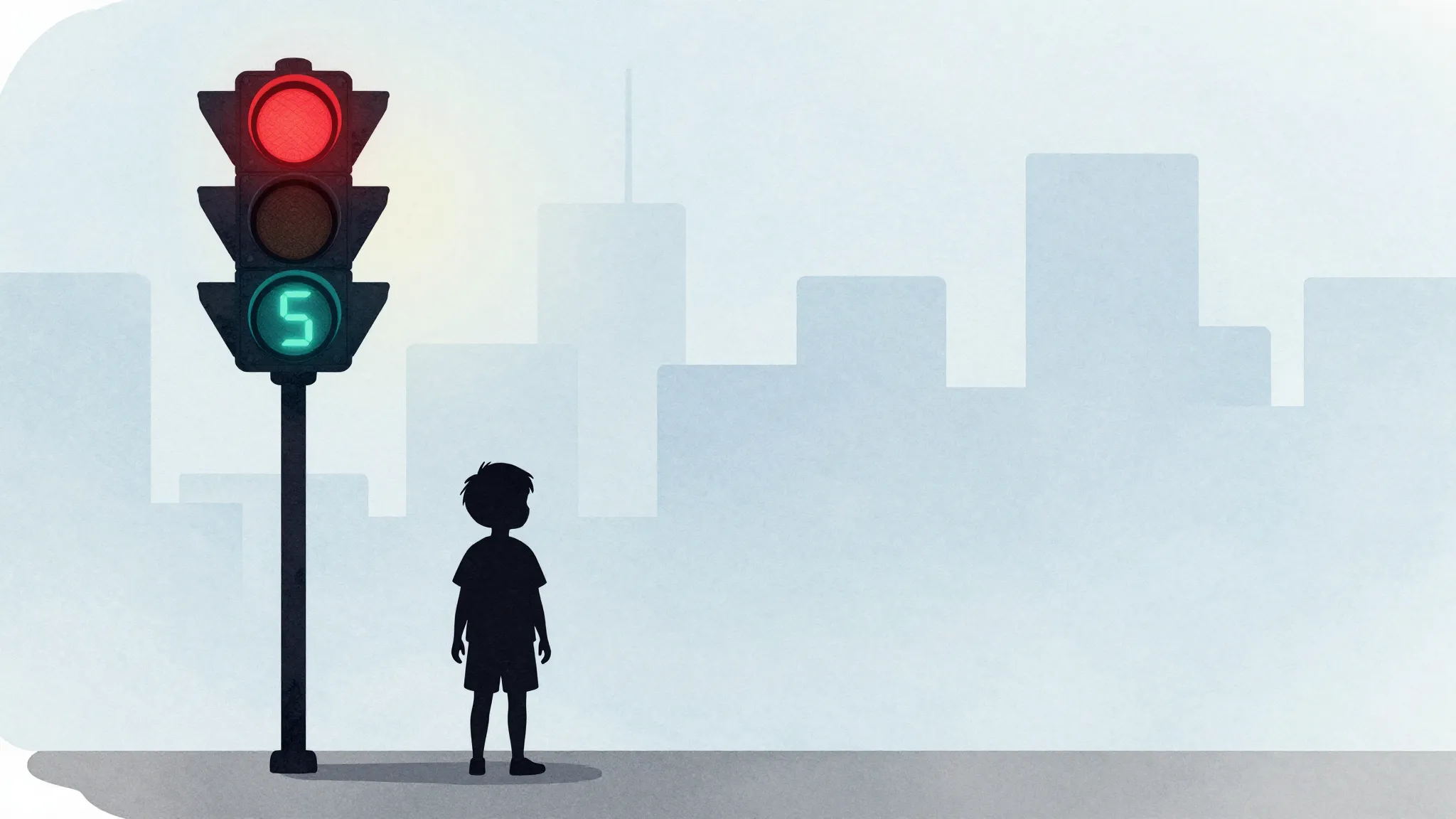 Watercolor style. A silhouette of a small child standing nea...