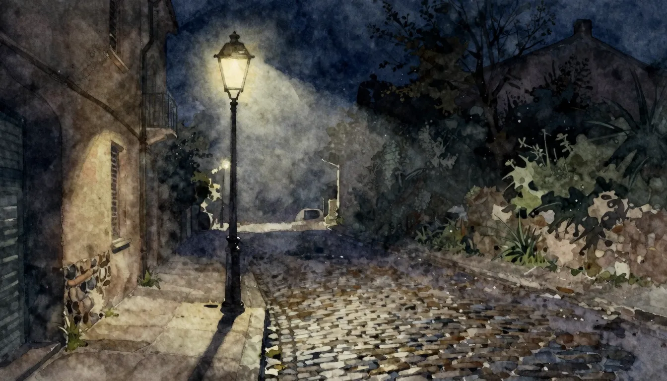 Watercolor style. A lonely street lamp illuminating a wet co...