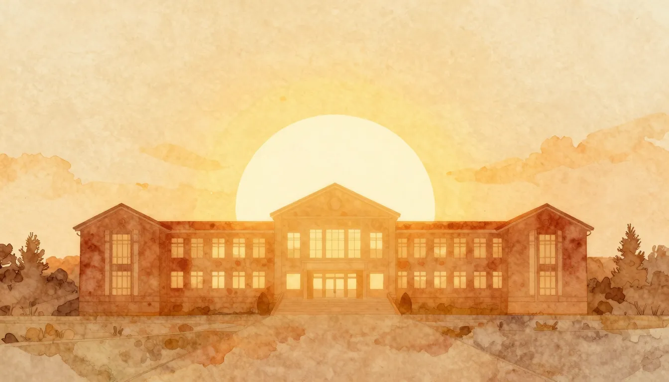 Watercolor style. A silhouette of a large school building wi...