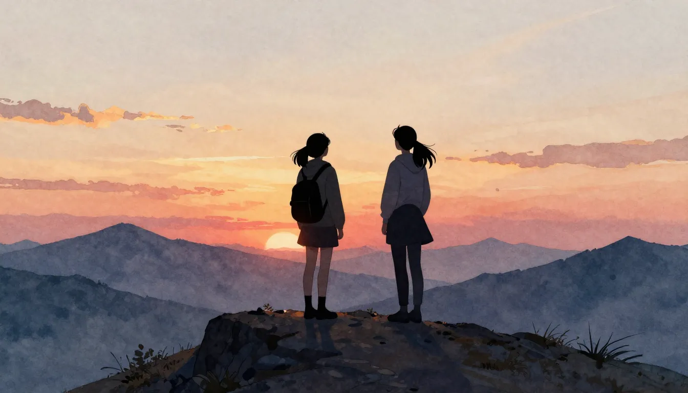 Watercolor style. Two female silhouettes standing on a mount...