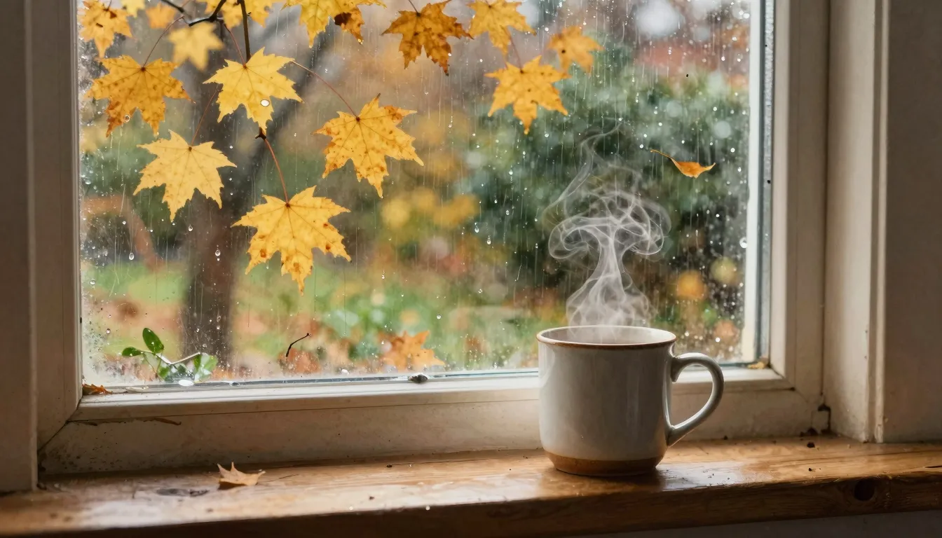 Watercolor style. Cozy window view of a rainy September gard...