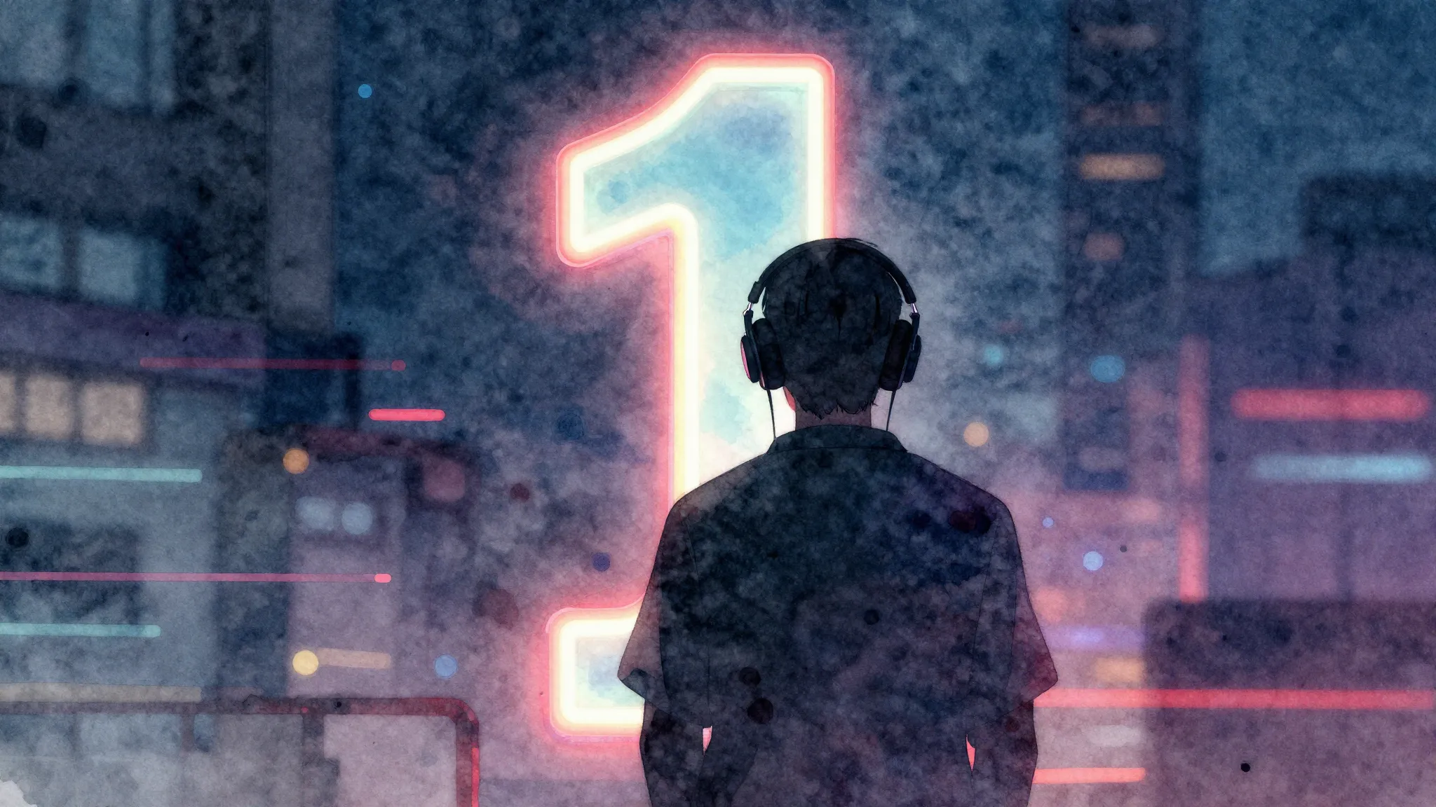 Watercolor style. A silhouette of a person wearing headphone...