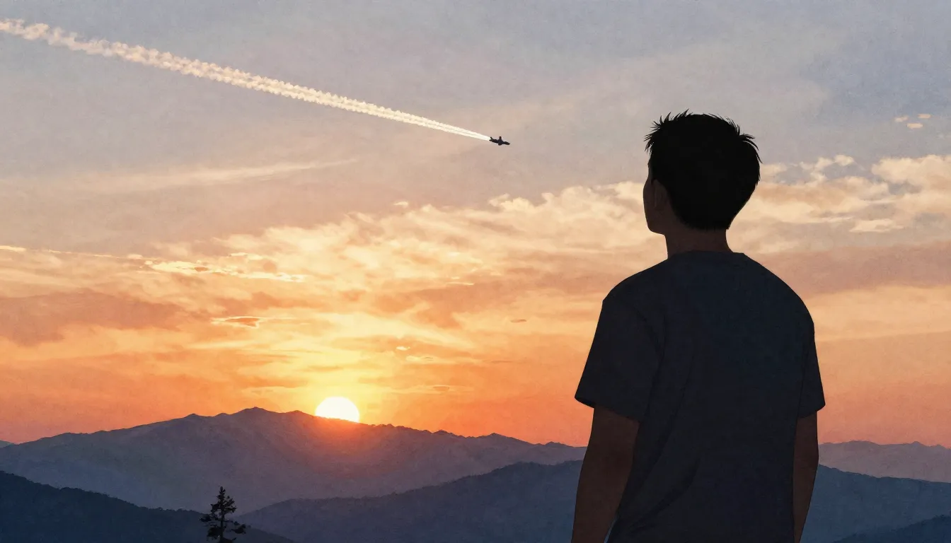 Watercolor style. Silhouette of a man looking at the sky wit...