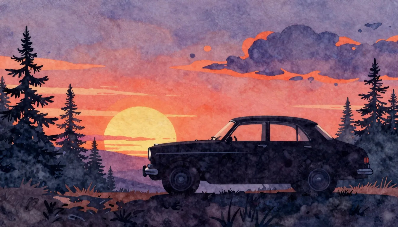 Watercolor style. A silhouette of a classic vintage car on a...