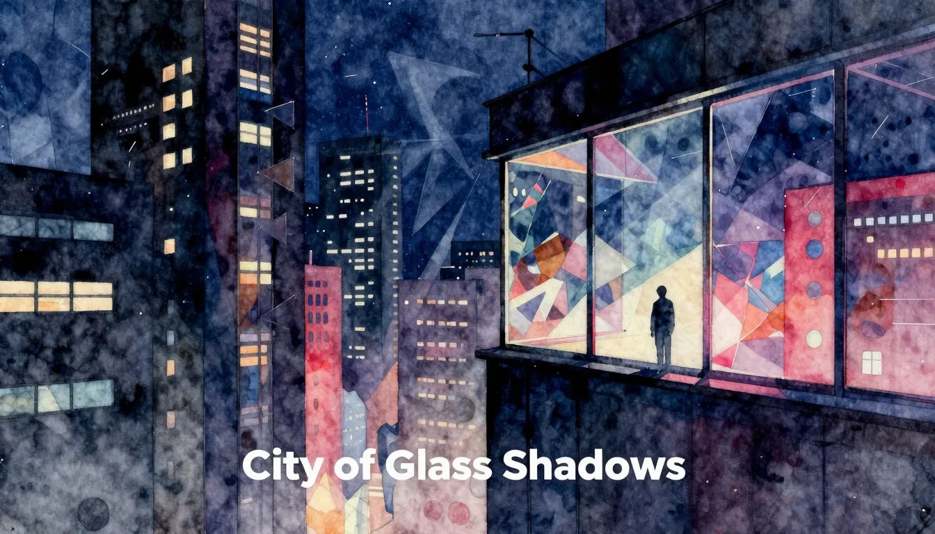Vibrant watercolor style. Rock album cover: "City of Glass S...