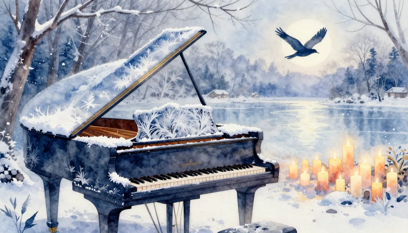Watercolor style. A grand piano in a snowy winter garden, fr...
