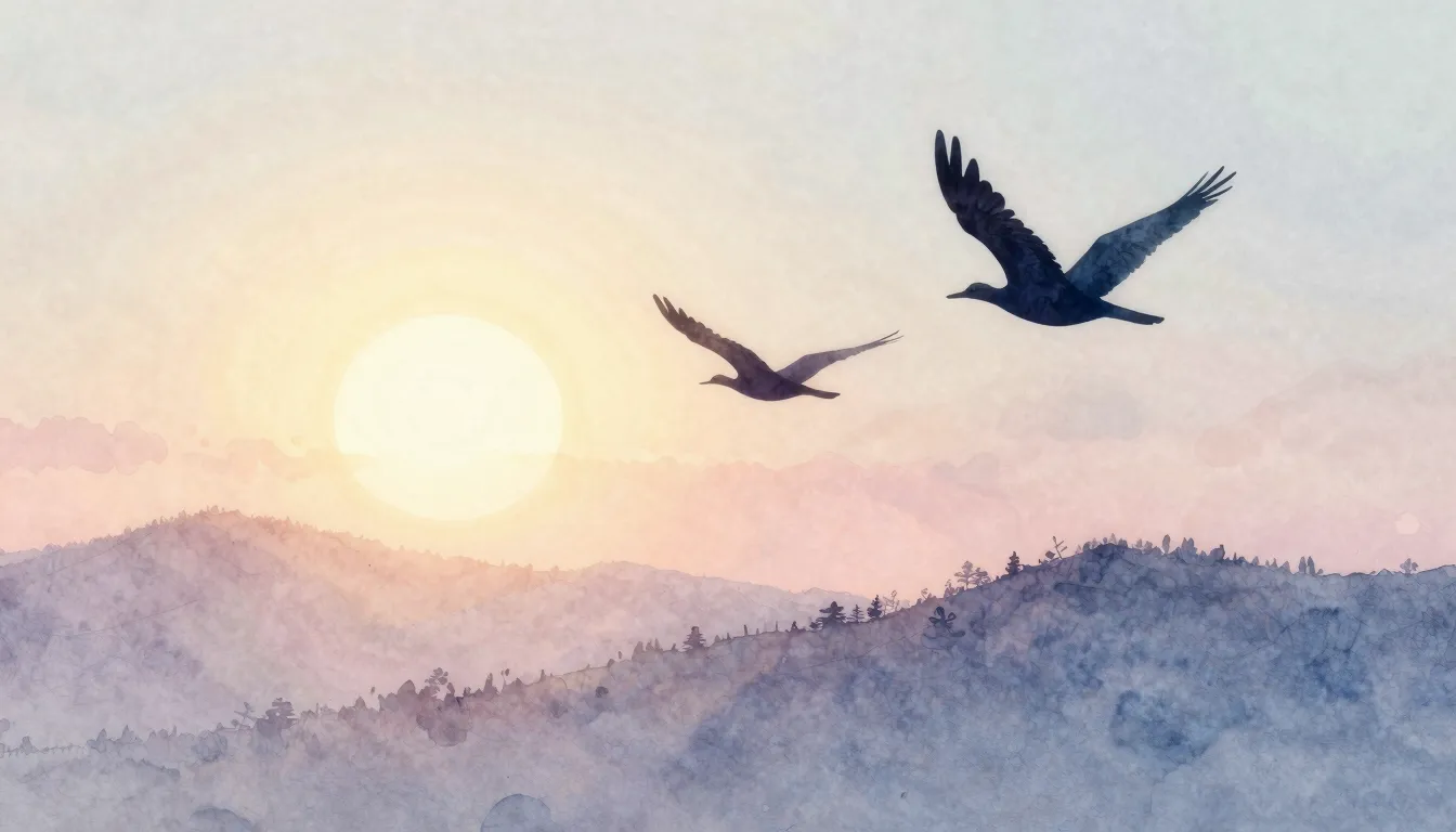 Watercolor style. A serene landscape with 2 silhouettes of b...