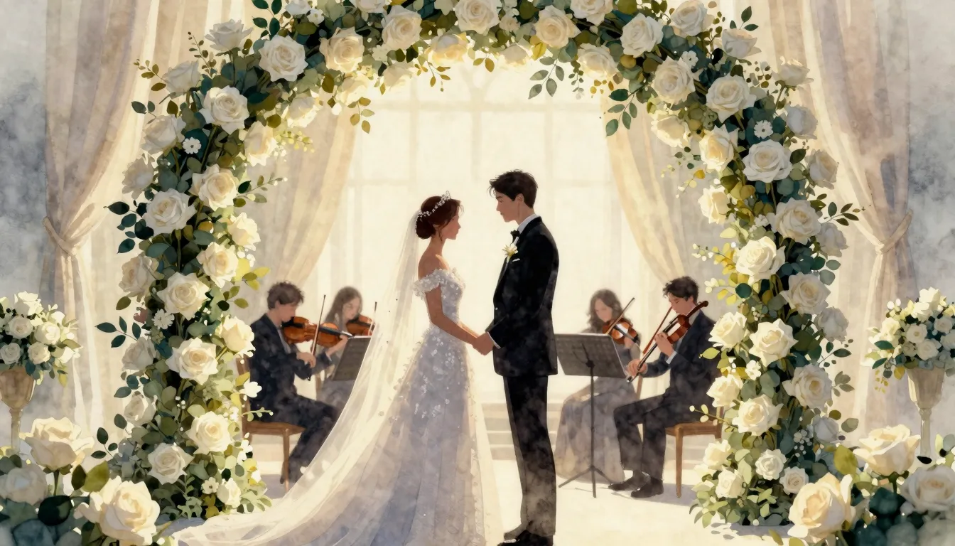 Watercolor style. A silhouette of a bride and groom standing...