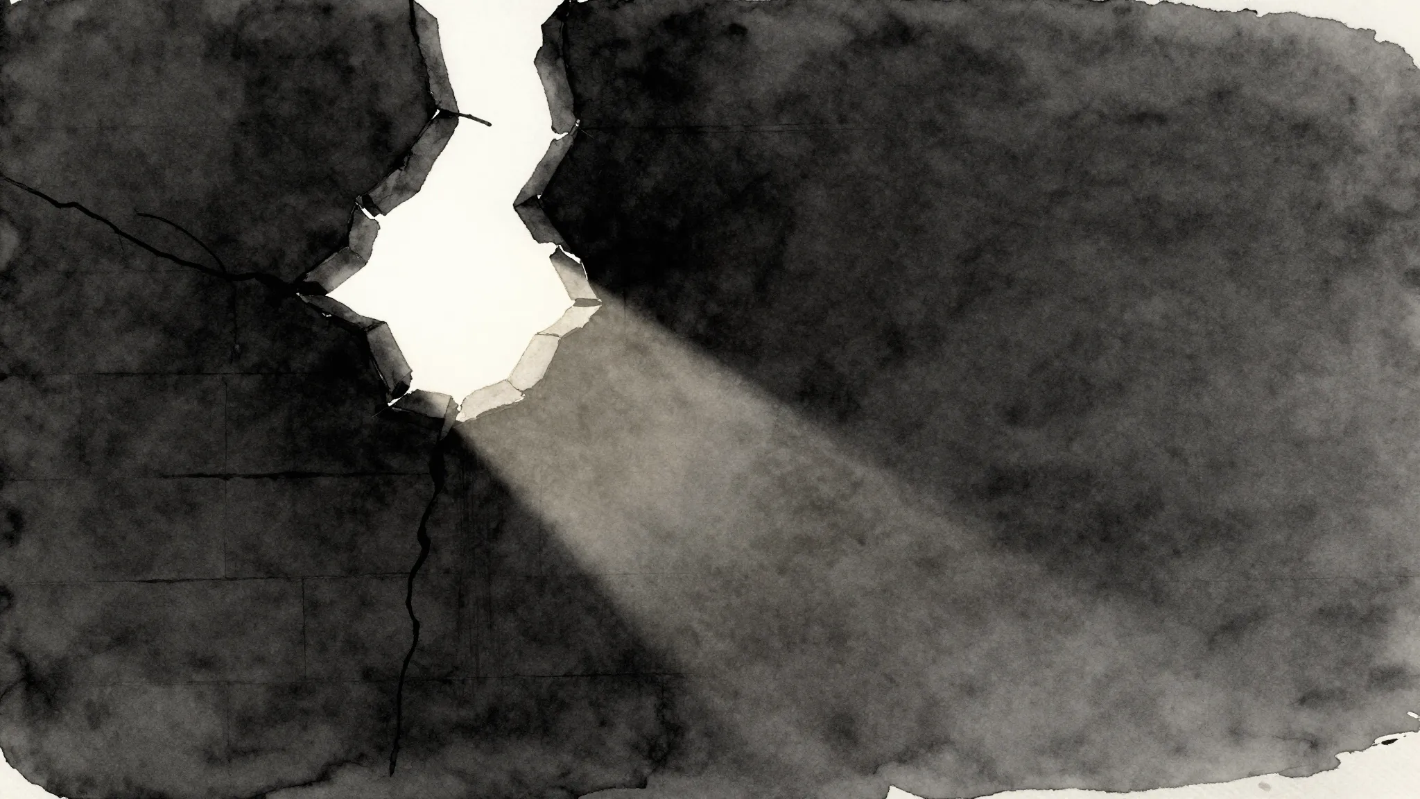 Watercolor style. A dark silhouette of a broken wall with a ...