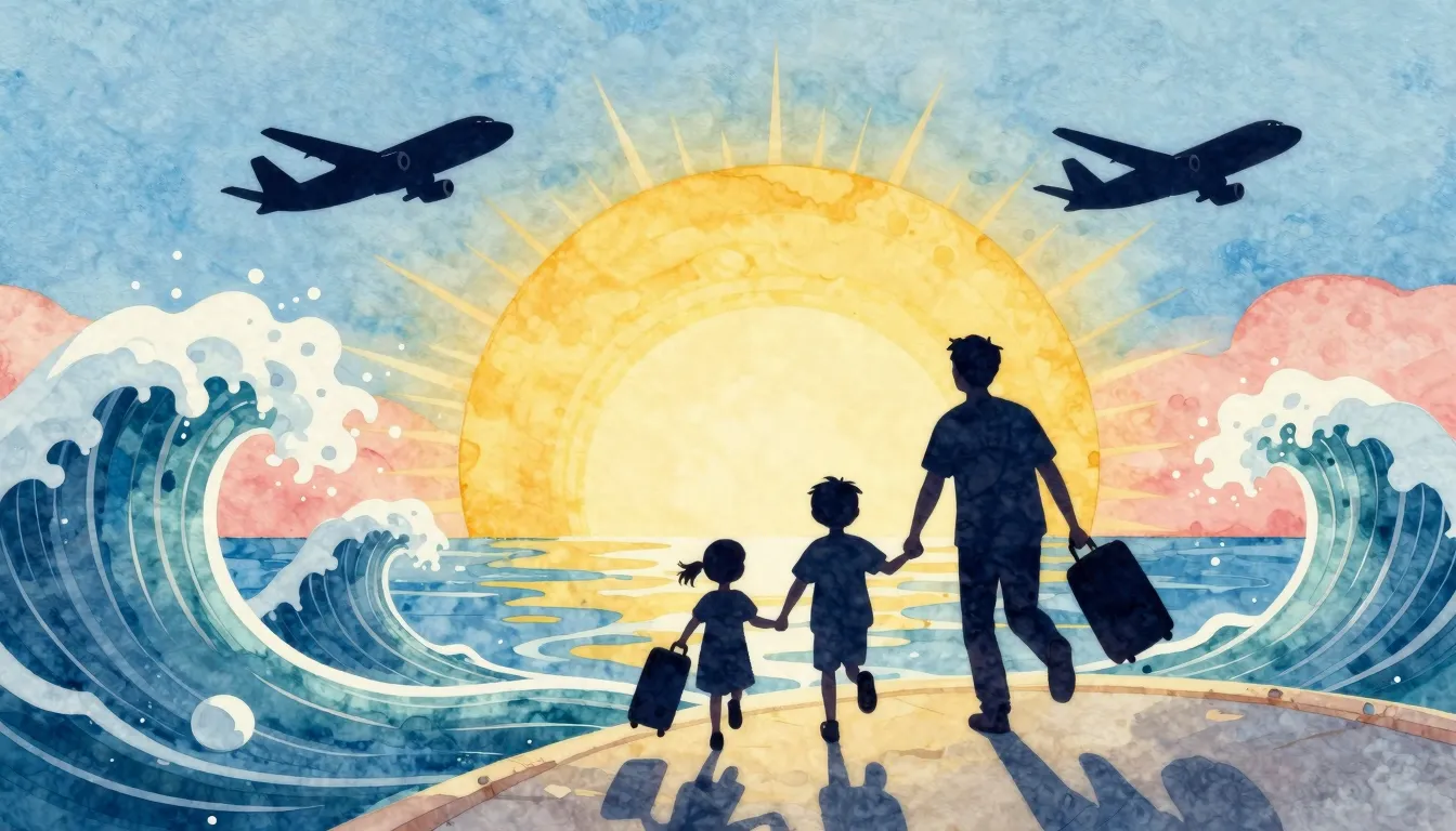 Watercolor style. A silhouette of a family with suitcases ru...