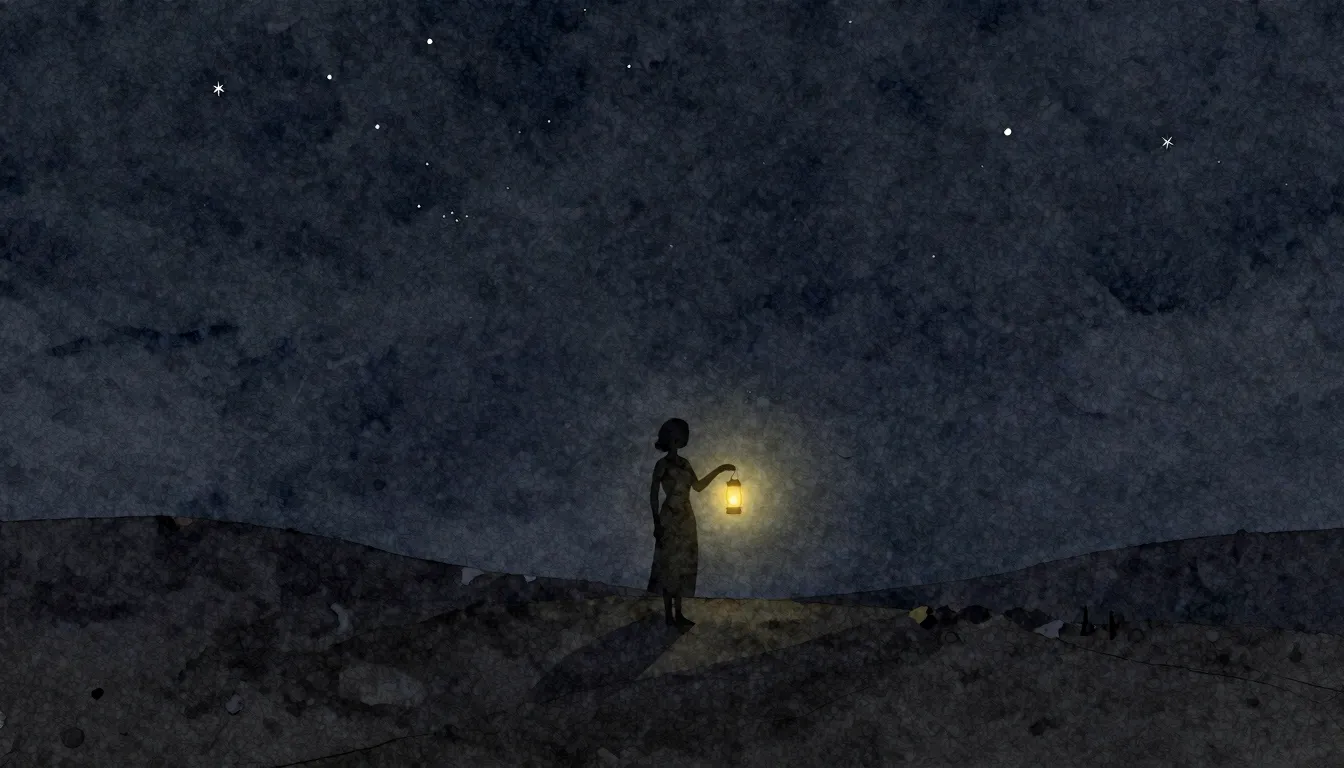 Watercolor style. A dark landscape with a single bright silh...