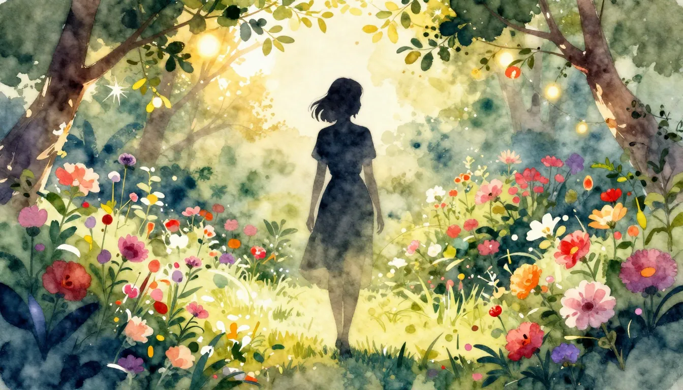 Watercolor style. A silhouette of a woman standing in a lush...