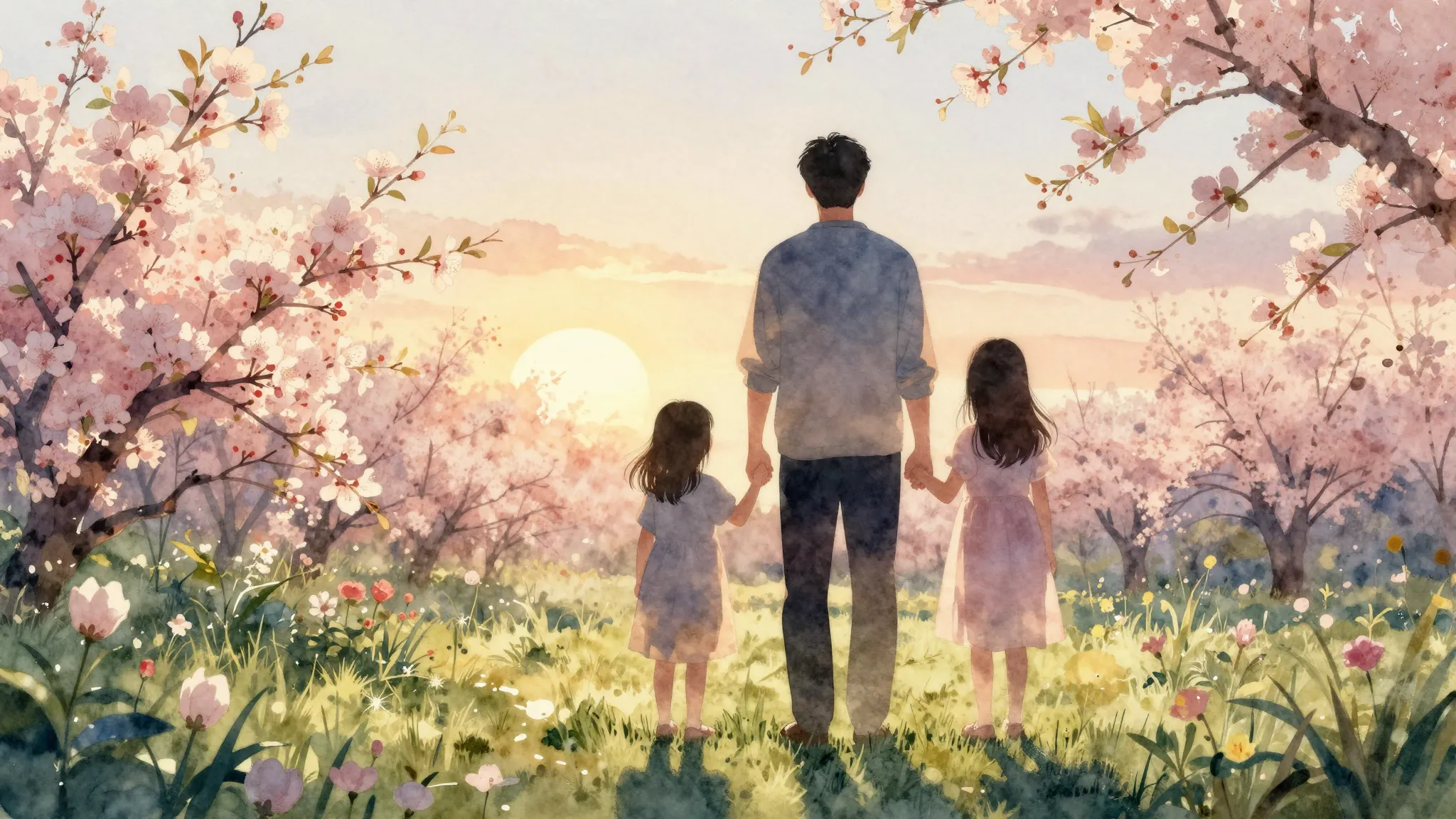 Watercolor style. Silhouette of a family of four, husband, w...