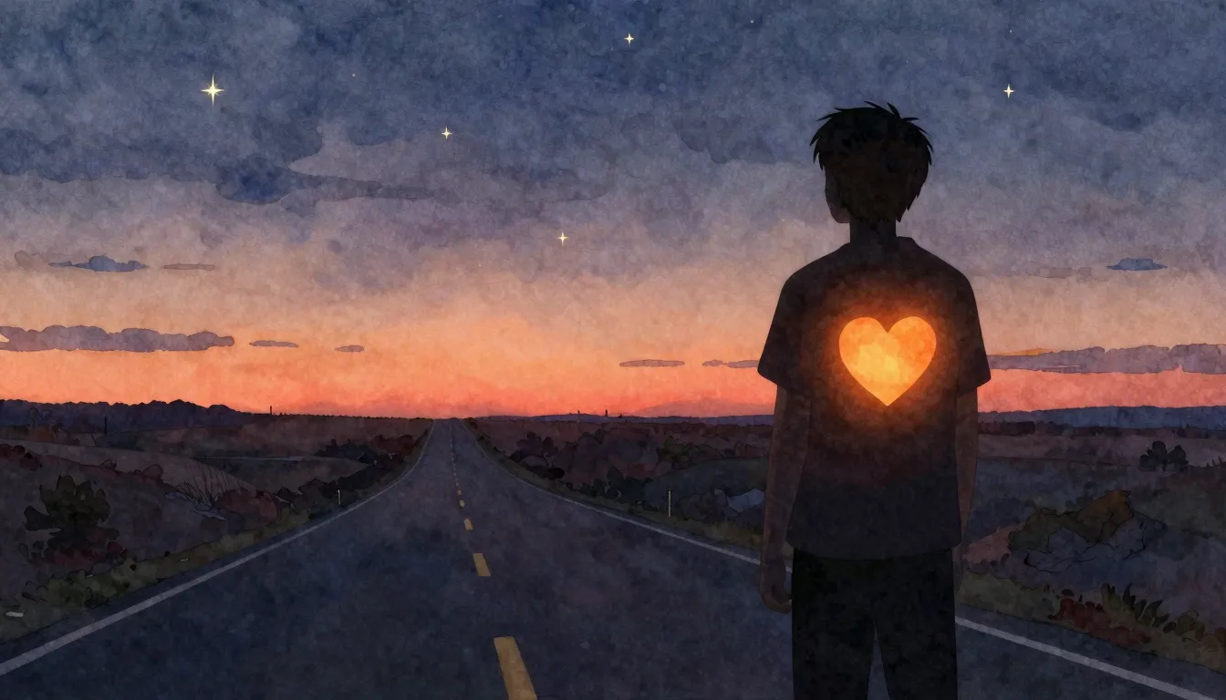 Watercolor style. A silhouette of a person standing on a lon...