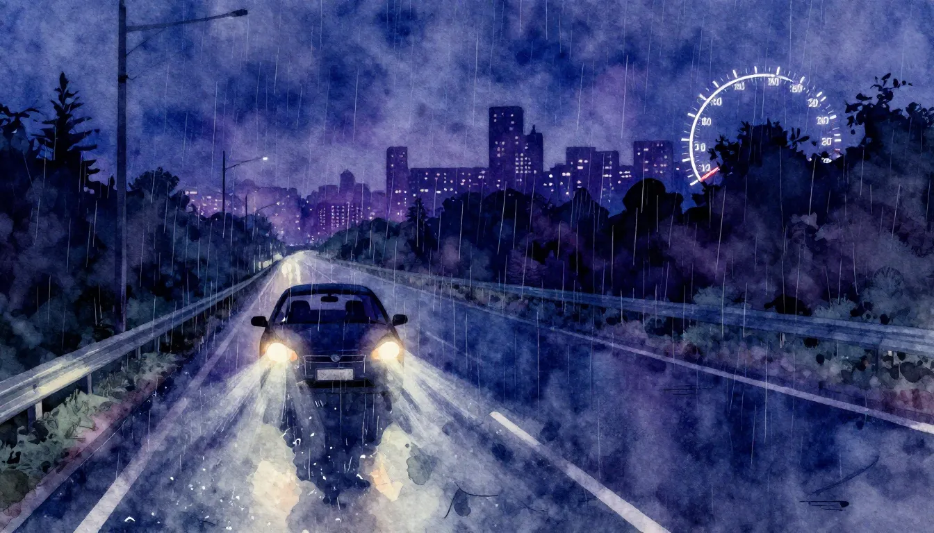 Watercolor style. A lonely car driving on a rainy highway at...